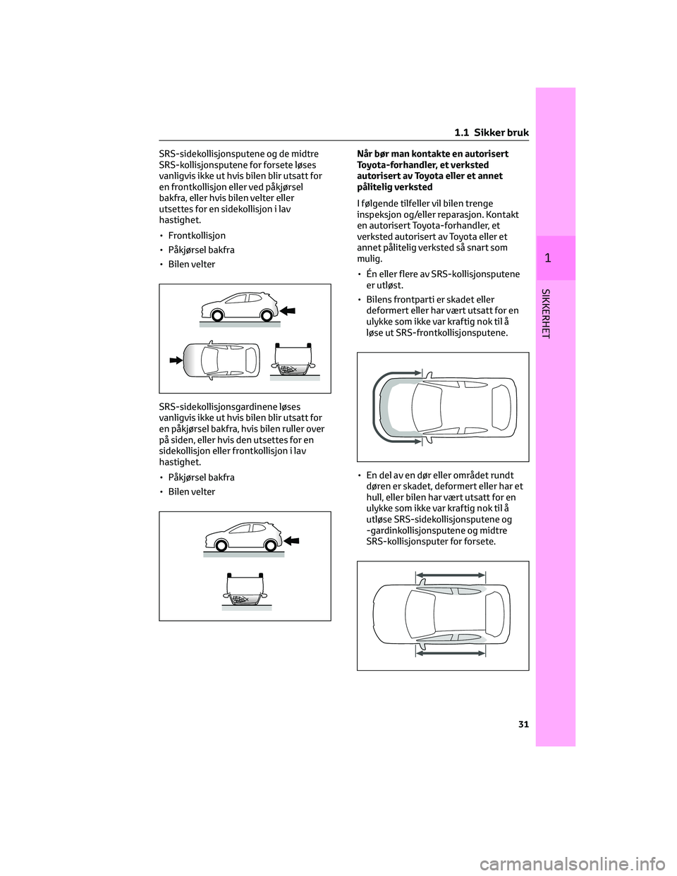 TOYOTA YARIS 2022 Instruksjoner for bruk (in Norwegian) SRS-sidekollisjonsputene og de midtre
SRS-kollisjonsputene for forsete løses
vanligvis ikke ut hvis bilen blir utsatt for
en frontkollisjon eller ved påkjørsel
bakfra, eller hvis bilen velter eller TOYOTA YARIS 2022 Instruksjoner for bruk (in Norwegian) SRS-sidekollisjonsputene og de midtre
SRS-kollisjonsputene for forsete løses
vanligvis ikke ut hvis bilen blir utsatt for
en frontkollisjon eller ved påkjørsel
bakfra, eller hvis bilen velter eller