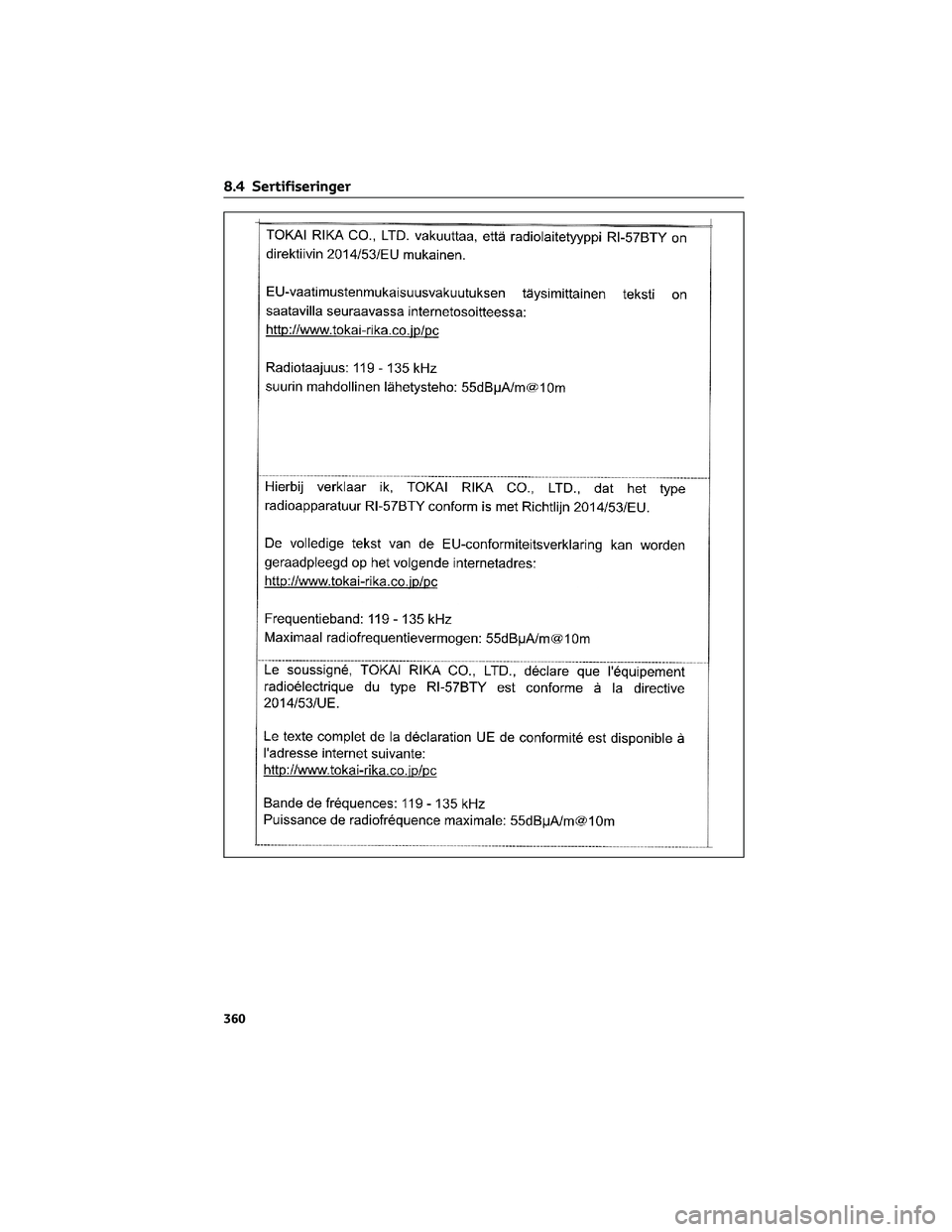 TOYOTA YARIS 2022  Instruksjoner for bruk (in Norwegian) 8.4 Sertifiseringer
360 