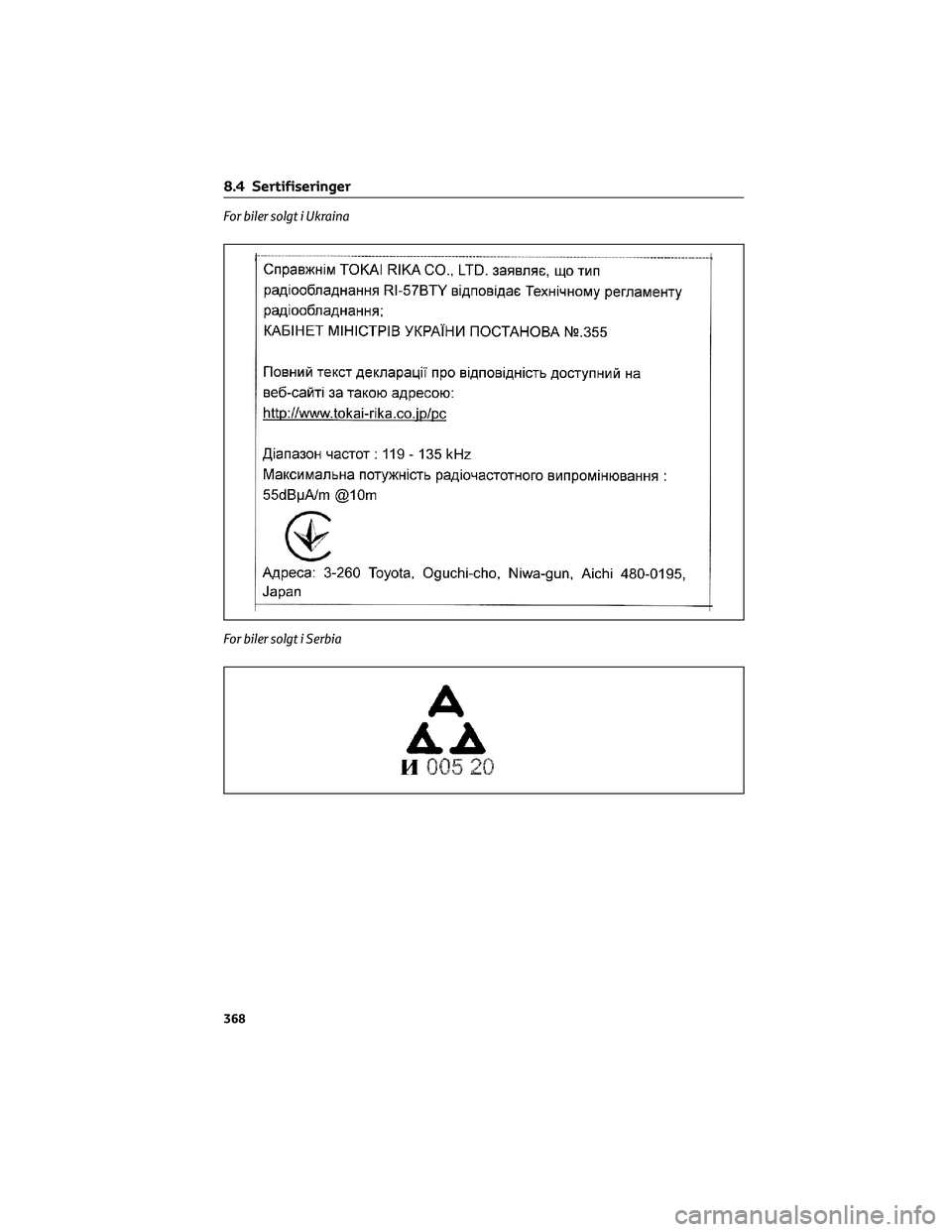TOYOTA YARIS 2022  Instruksjoner for bruk (in Norwegian) For biler solgt i Ukraina
For biler solgt i Serbia
8.4 Sertifiseringer
368 