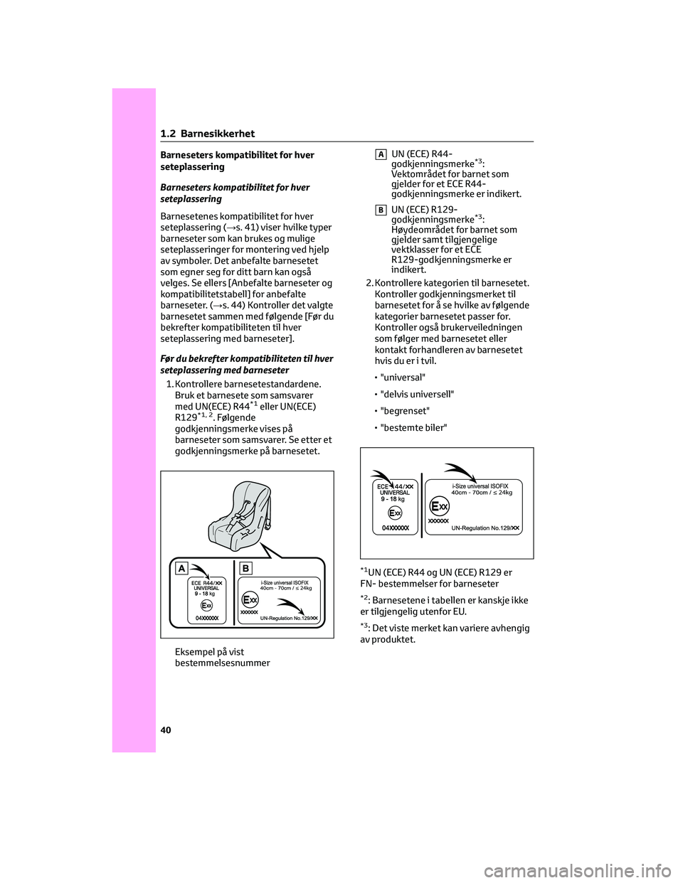 TOYOTA YARIS 2022 Instruksjoner for bruk (in Norwegian) Barneseters kompatibilitet for hver
seteplassering
Barneseters kompatibilitet for hver
seteplassering
Barnesetenes kompatibilitet for hver
seteplassering (→s. 41) viser hvilke typer
barneseter som k TOYOTA YARIS 2022 Instruksjoner for bruk (in Norwegian) Barneseters kompatibilitet for hver
seteplassering
Barneseters kompatibilitet for hver
seteplassering
Barnesetenes kompatibilitet for hver
seteplassering (→s. 41) viser hvilke typer
barneseter som k
