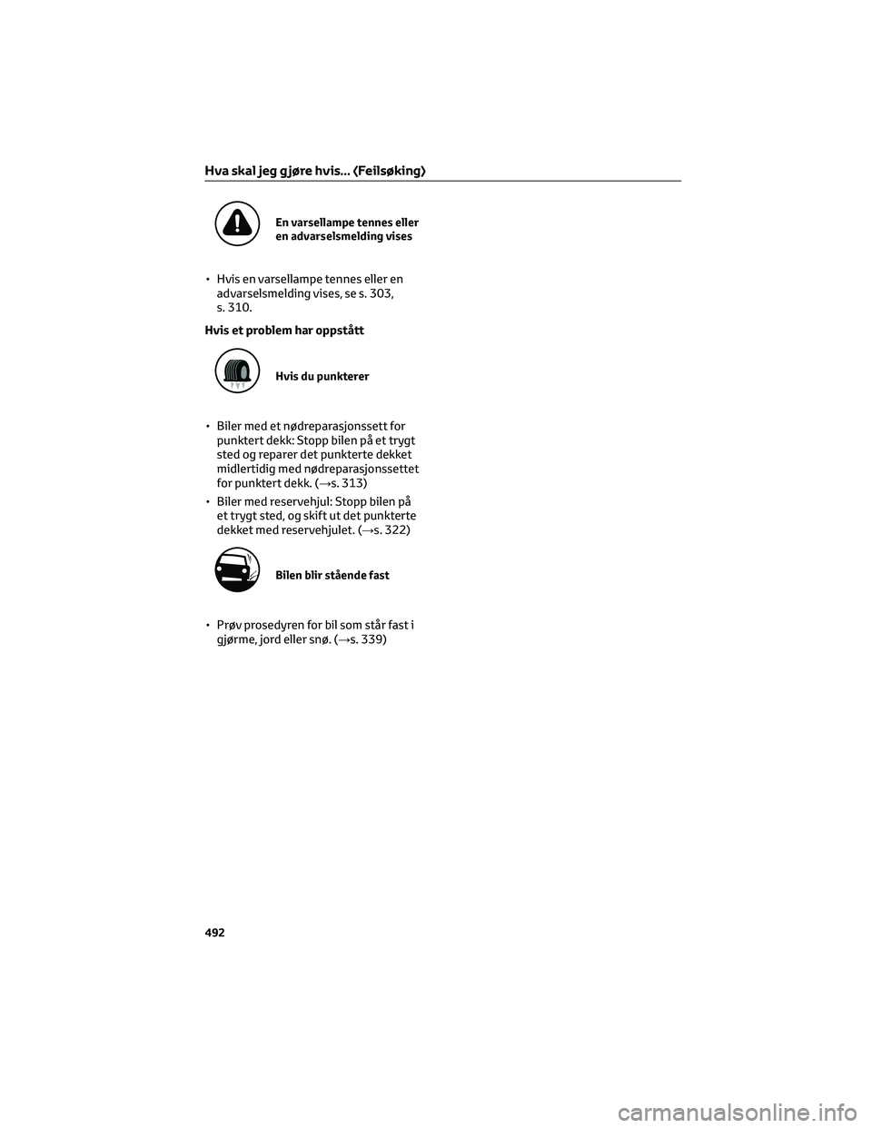 TOYOTA YARIS 2022 Instruksjoner for bruk (in Norwegian) En varsellampe tennes eller
en advarselsmelding vises
• Hvis en varsellampe tennes eller en
advarselsmelding vises, se s. 303,
s. 310.
Hvis et problem har oppstått
Hvis du punkterer
• Biler med e TOYOTA YARIS 2022 Instruksjoner for bruk (in Norwegian) En varsellampe tennes eller
en advarselsmelding vises
• Hvis en varsellampe tennes eller en
advarselsmelding vises, se s. 303,
s. 310.
Hvis et problem har oppstått
Hvis du punkterer
• Biler med e