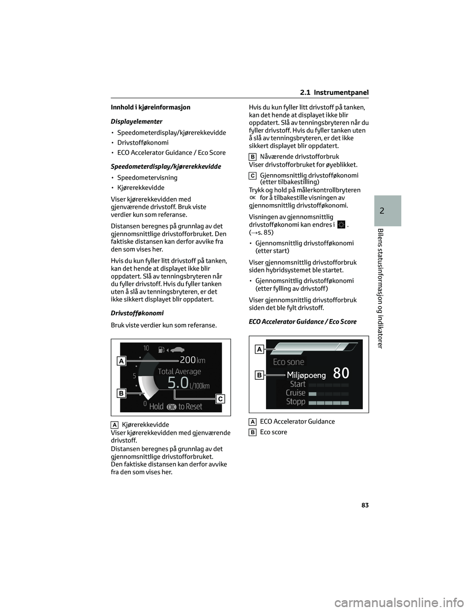 TOYOTA YARIS 2022 Instruksjoner for bruk (in Norwegian) Innhold i kjøreinformasjon
Displayelementer
• Speedometerdisplay/kjørerekkevidde
• Drivstofføkonomi
• ECO Accelerator Guidance / Eco Score
Speedometerdisplay/kjørerekkevidde
• Speedometerv TOYOTA YARIS 2022 Instruksjoner for bruk (in Norwegian) Innhold i kjøreinformasjon
Displayelementer
• Speedometerdisplay/kjørerekkevidde
• Drivstofføkonomi
• ECO Accelerator Guidance / Eco Score
Speedometerdisplay/kjørerekkevidde
• Speedometerv