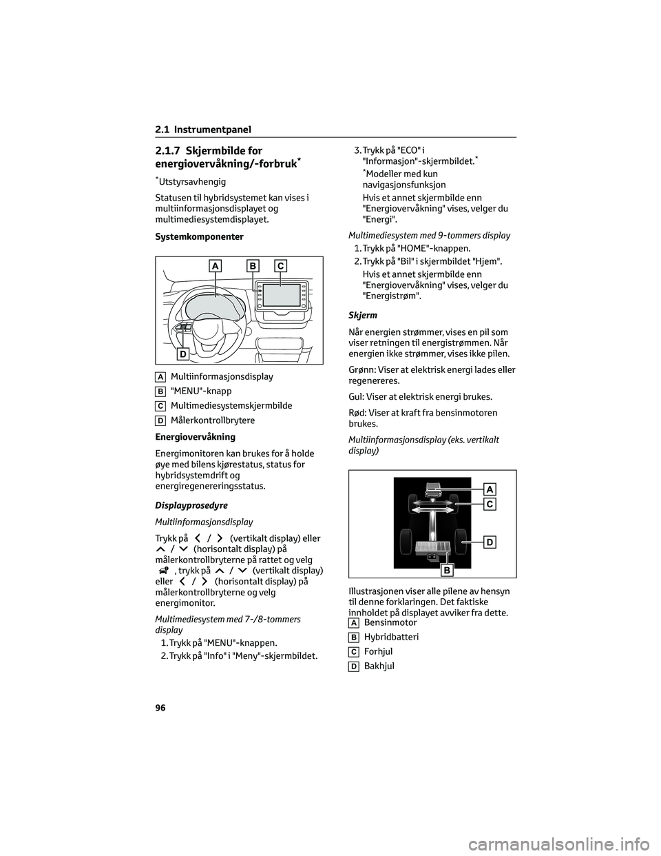 TOYOTA YARIS 2022 Instruksjoner for bruk (in Norwegian) 2.1.7 Skjermbilde for
energiovervåkning/-forbruk*
*Utstyrsavhengig
Statusen til hybridsystemet kan vises i
multiinformasjonsdisplayet og
multimediesystemdisplayet.
Systemkomponenter
AMultiinformasjon TOYOTA YARIS 2022 Instruksjoner for bruk (in Norwegian) 2.1.7 Skjermbilde for
energiovervåkning/-forbruk*
*Utstyrsavhengig
Statusen til hybridsystemet kan vises i
multiinformasjonsdisplayet og
multimediesystemdisplayet.
Systemkomponenter
AMultiinformasjon