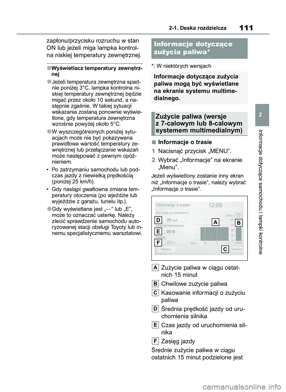 TOYOTA YARIS 2022  Instrukcja obsługi (in Polish) zap∏onu/przycisku rozruchu w stan
ON lub je˝eli miga lampka kontrol-
na niskiej temperatury zewn´trznej.
WyÊwietlacz temperatury zewn´trz-
nej
Je˝eli temperatura zewn´trzna spad-
nie poni˝ej 