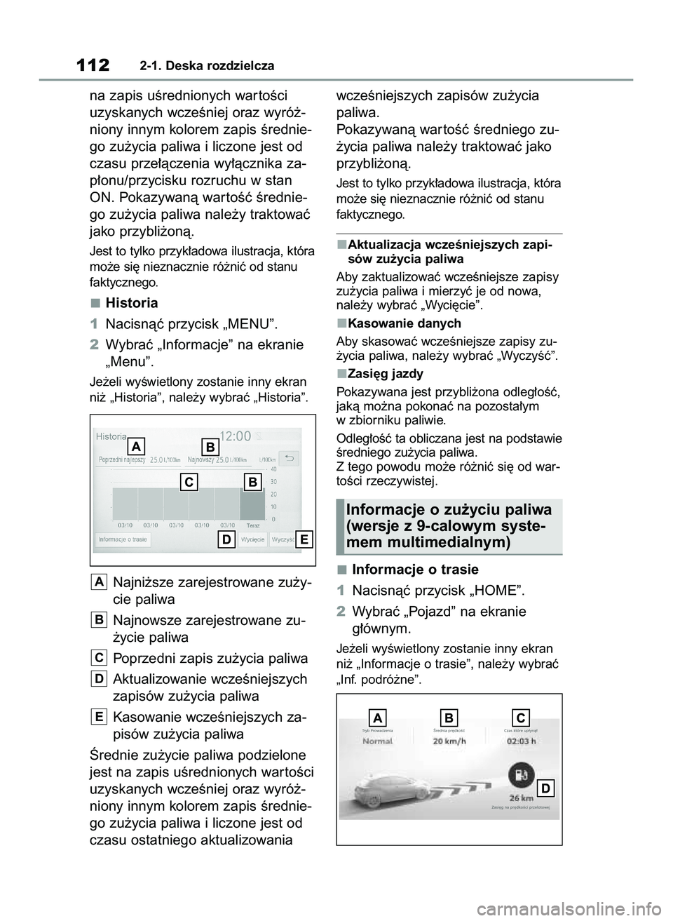 TOYOTA YARIS 2022  Instrukcja obsługi (in Polish) na zapis uÊrednionych war toÊci
uzyskanych wczeÊniej oraz wyró˝-
niony innym kolorem zapis Êrednie-
go zu˝ycia paliwa i liczone jest od
czasu prze∏àczenia wy∏àcznika za-
p∏onu/przycisku