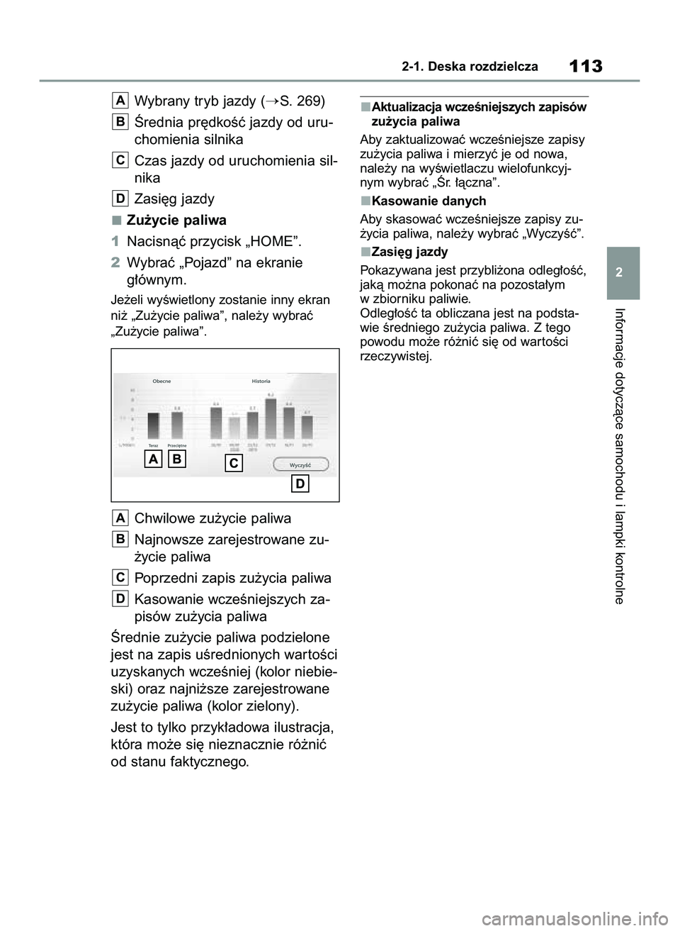 TOYOTA YARIS 2022  Instrukcja obsługi (in Polish) Wybrany tryb jazdy (S. 269)
Ârednia pr´dkoÊç jazdy od uru-
chomienia silnika
Czas jazdy od uruchomienia sil-
nika
Zasi´g jazdy
Zu˝ycie paliwa
1Nacisnàç przycisk „HOME”.
2Wybraç „Pojazd