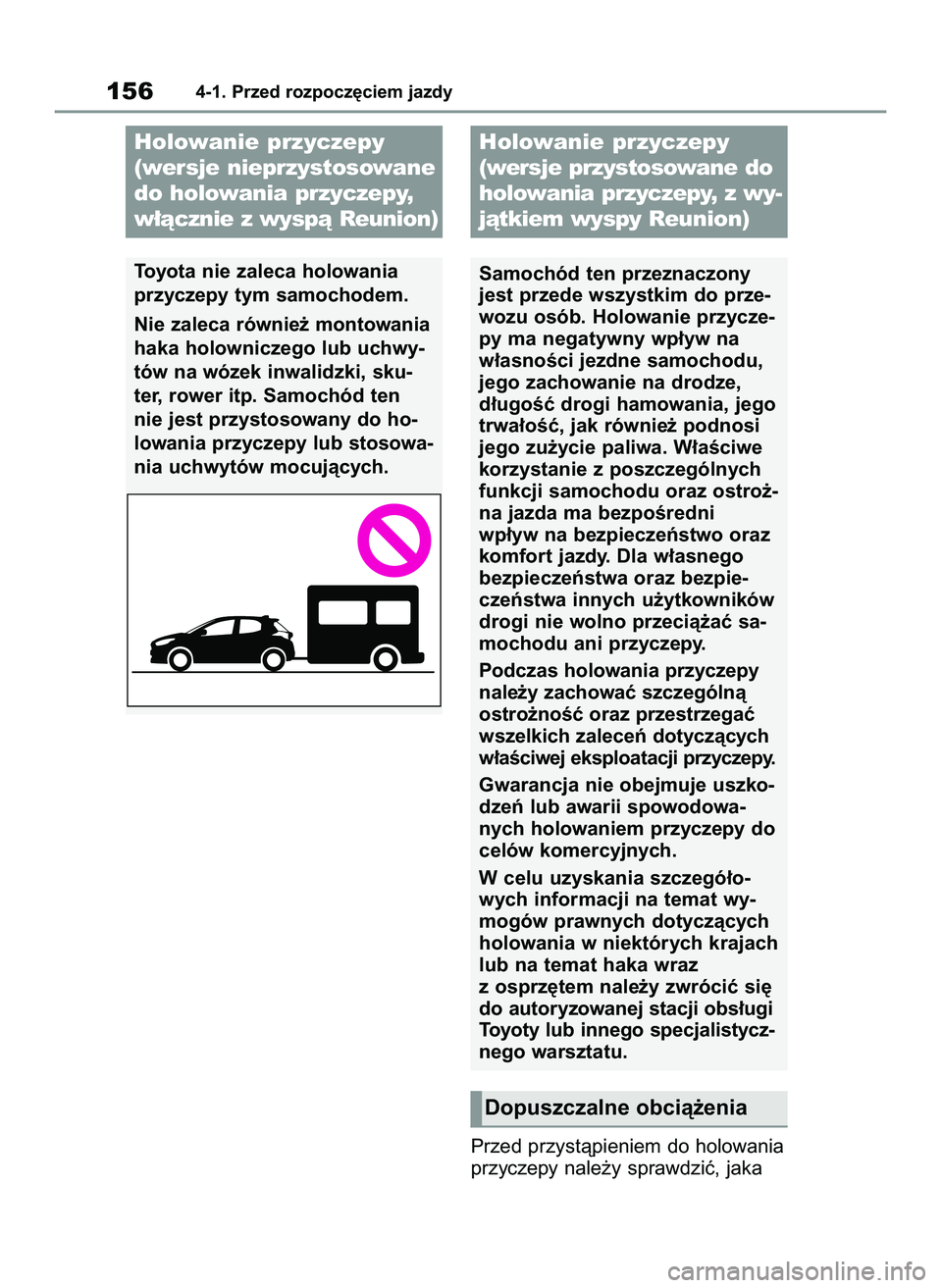 TOYOTA YARIS 2022  Instrukcja obsługi (in Polish) Przed przystàpieniem do holowania
przyczepy nale˝y sprawdziç, jaka
1564-1. Przed rozpocz´ciem jazdy
Holowanie przyczepy
(wersje nieprzystosowane
do holowania przyczepy,
w∏àcznie z wyspà Reunio