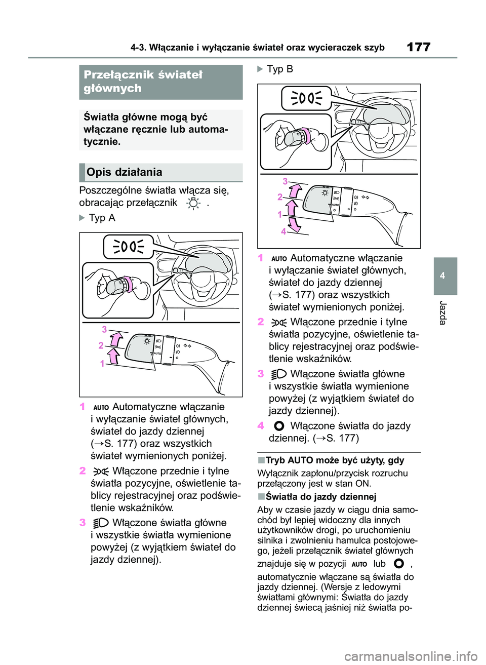 TOYOTA YARIS 2022  Instrukcja obsługi (in Polish) Poszczególne Êwiat∏a w∏àcza si´,
obracajàc prze∏àcznik  .
óTyp A
1Automatyczne w∏àczanie
i wy∏àczanie Êwiate∏ g∏ównych,
Êwiate∏ do jazdy dziennej 
(
S. 177) oraz wszystkic