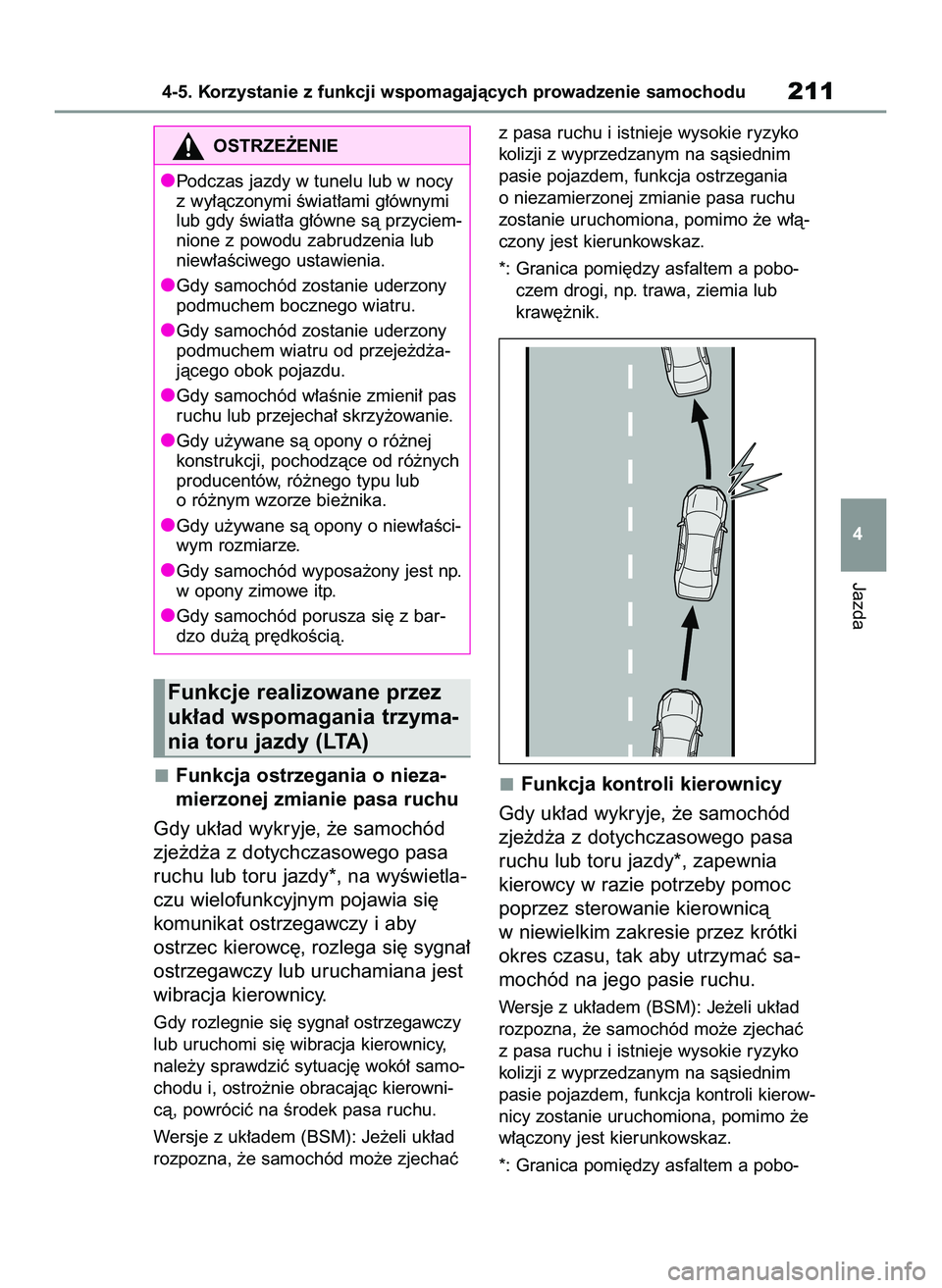 TOYOTA YARIS 2022  Instrukcja obsługi (in Polish) Funkcja ostrzegania o nieza-
mierzonej zmianie pasa ruchu
Gdy uk∏ad wykryje, ˝e samochód
zje˝d˝a z dotychczasowego pasa
ruchu lub toru jazdy*, na wyÊwietla-
czu wielofunkcyjnym pojawia si´
kom