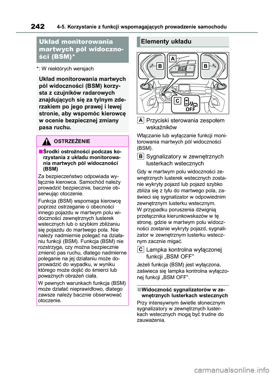 TOYOTA YARIS 2022  Instrukcja obsługi (in Polish) *: W niektórych wersjach
Przyciski sterowania zespo∏em
wskaêników
W∏àczanie lub wy∏àczanie funkcji moni-
torowania mar twych pól widocznoÊci
(BSM).
Sygnalizatory w zewn´trznych
lusterkac