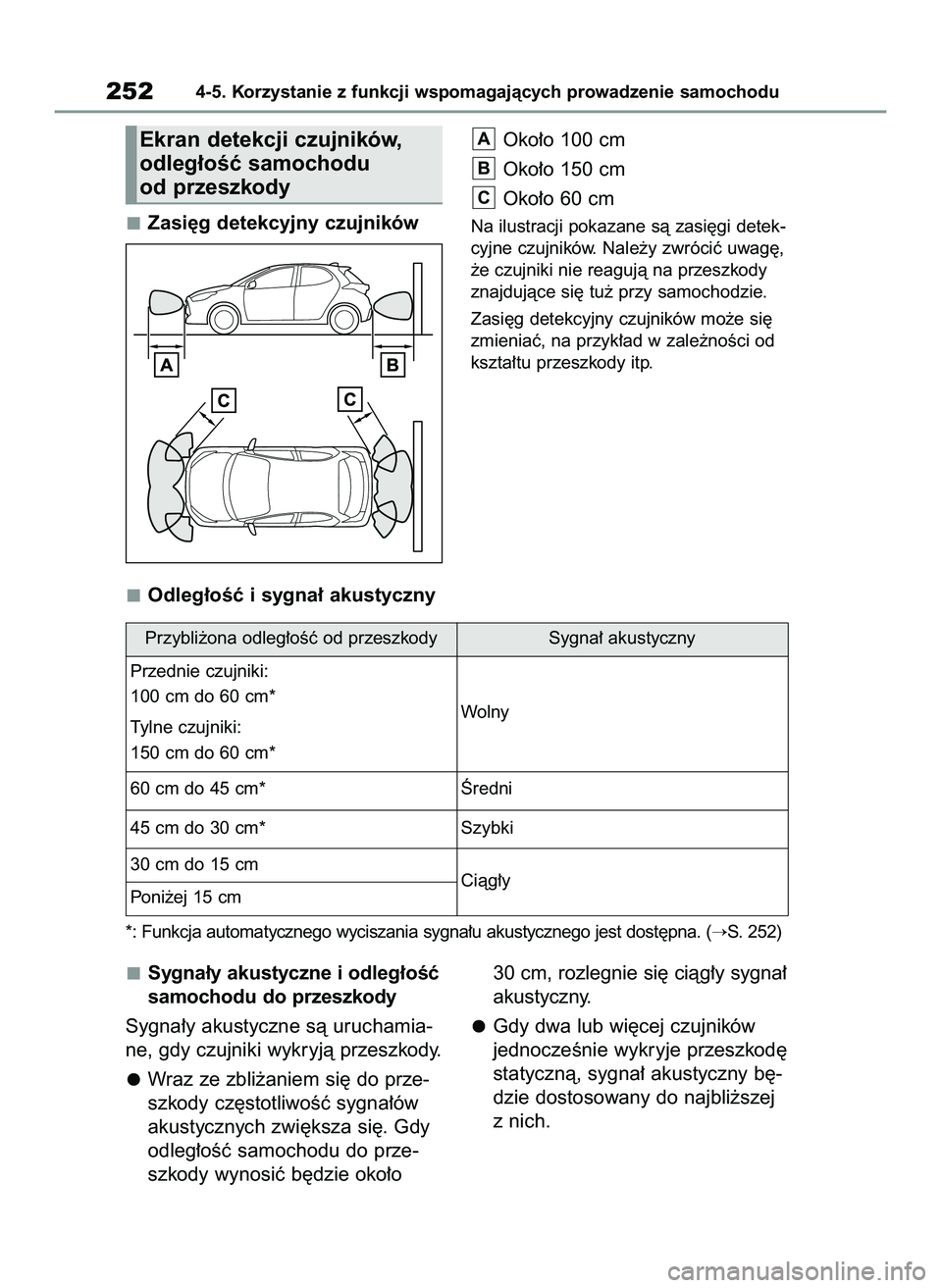 TOYOTA YARIS 2022  Instrukcja obsługi (in Polish) Zasi´g detekcyjny czujnikówOko∏o 100 cm
Oko∏o 150 cm
Oko∏o 60 cmNa ilustracji pokazane sà zasi´gi detek-
cyjne czujników. Nale˝y zwróciç uwag´,
˝e czujniki nie reagujà na przeszkody
z