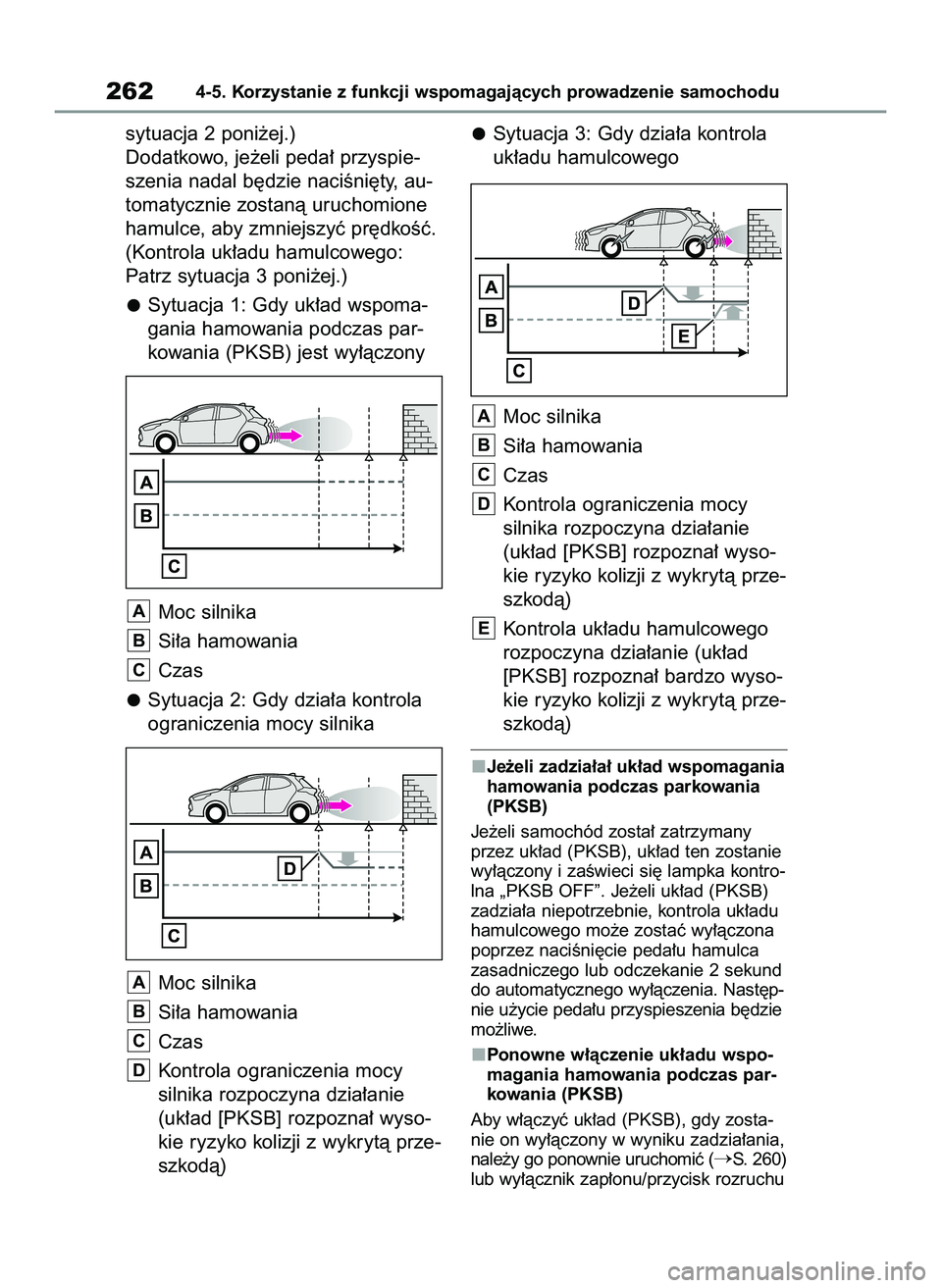 TOYOTA YARIS 2022  Instrukcja obsługi (in Polish) sytuacja 2 poni˝ej.)
Dodatkowo, je˝eli peda∏ przyspie-
szenia nadal b´dzie naciÊni´ty, au-
tomatycznie zostanà uruchomione
hamulce, aby zmniejszyç pr´dkoÊç.
(Kontrola uk∏adu hamulcowego: