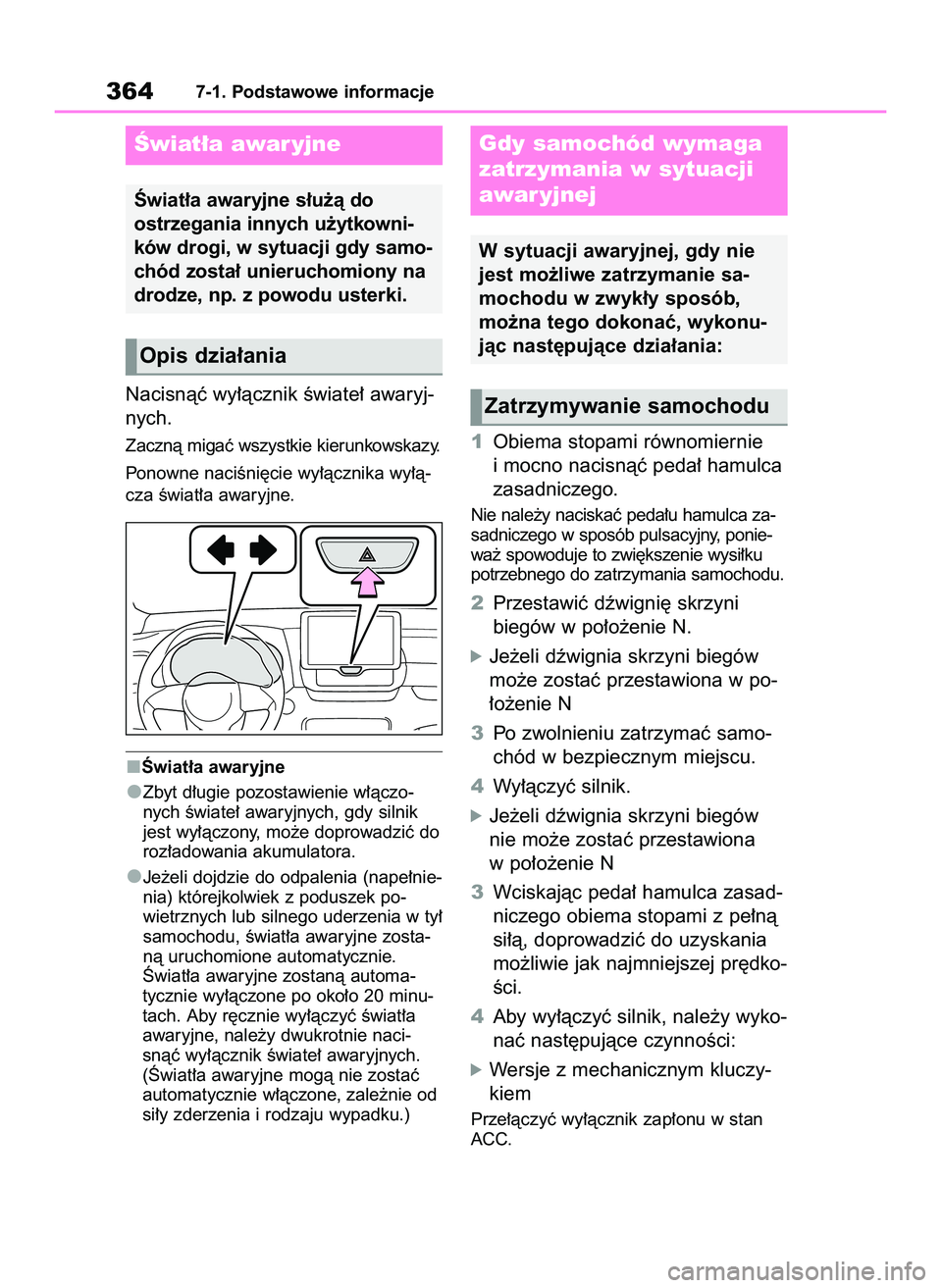 TOYOTA YARIS 2022  Instrukcja obsługi (in Polish) Nacisnàç wy∏àcznik Êwiate∏ awaryj-
nych.
Zacznà migaç wszystkie kierunkowskazy.
Ponowne naciÊni´cie wy∏àcznika wy∏à-
cza Êwiat∏a awaryjne.
Âwiat∏a awaryjne
Zbyt d∏ugie pozost