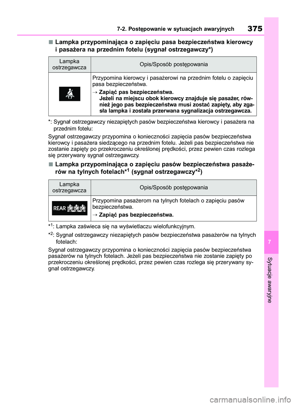 TOYOTA YARIS 2022  Instrukcja obsługi (in Polish) Lampka przypominajàca o zapi´ciu pasa bezpieczeƒstwa kierowcy
i pasa˝era na przednim fotelu (sygna∏ ostrzegawczy*)
*: Sygna∏ ostrzegawczy niezapi´tych pasów bezpieczeƒstwa kierowcy i pasa˝