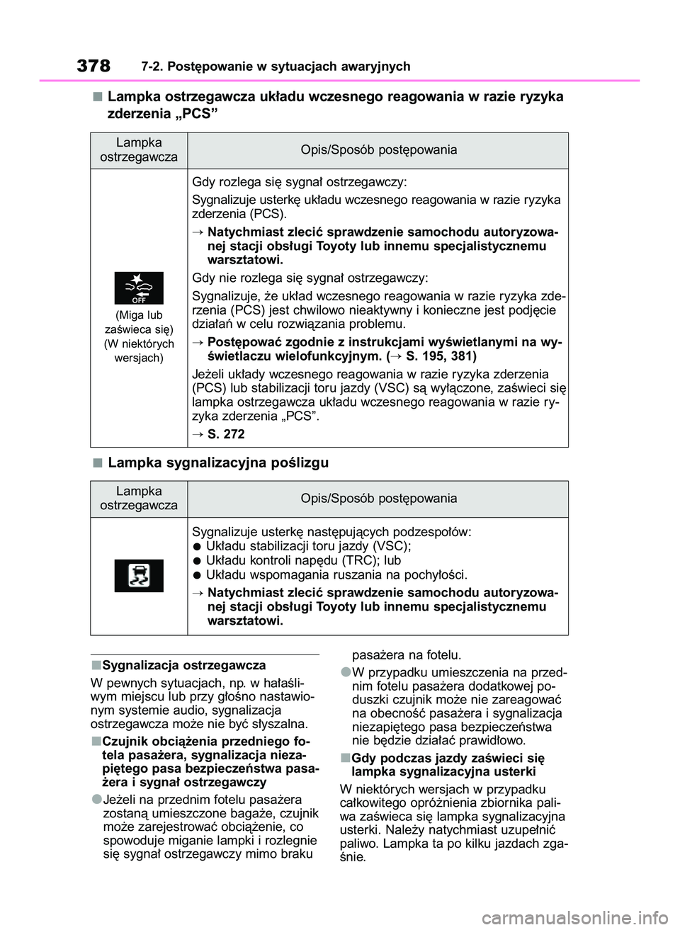 TOYOTA YARIS 2022  Instrukcja obsługi (in Polish) Sygnalizacja ostrzegawcza
W pewnych sytuacjach, np. w ha∏aÊli-
wym miejscu lub przy g∏oÊno nastawio-
nym systemie audio, sygnalizacja
ostrzegawcza mo˝e nie byç s∏yszalna.
Czujnik obcià˝eni