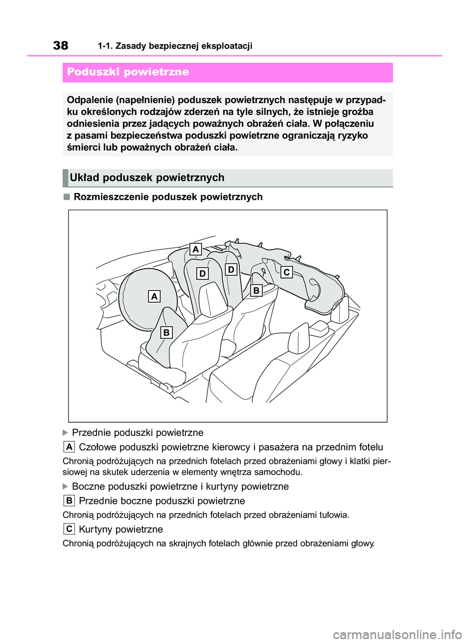 TOYOTA YARIS 2022  Instrukcja obsługi (in Polish) Rozmieszczenie poduszek powietrznych
óPrzednie poduszki powietrzne
Czo∏owe poduszki powietrzne kierowcy i pasa˝era na przednim fotelu
Chronià podró˝ujàcych na przednich fotelach przed obra˝en