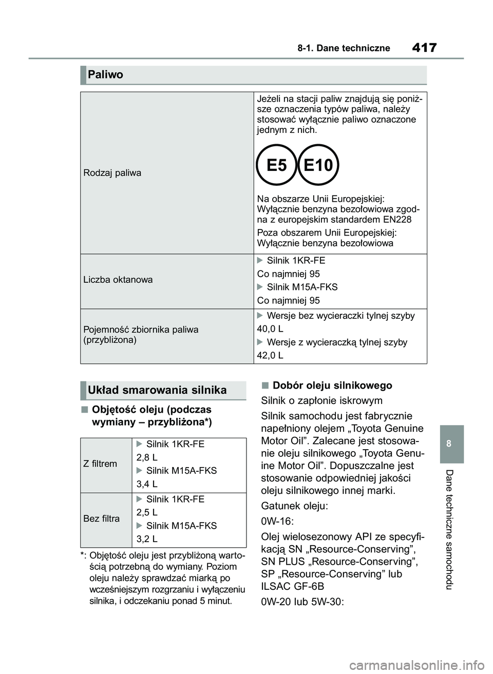 TOYOTA YARIS 2022  Instrukcja obsługi (in Polish) Obj´toÊç oleju (podczas 
wymiany – przybli˝ona*)
*: Obj´toÊç oleju jest przybli˝onà war to-
Êcià potrzebnà do wymiany. Poziom
oleju nale˝y sprawdzaç miarkà po
wczeÊniejszym rozgrzani