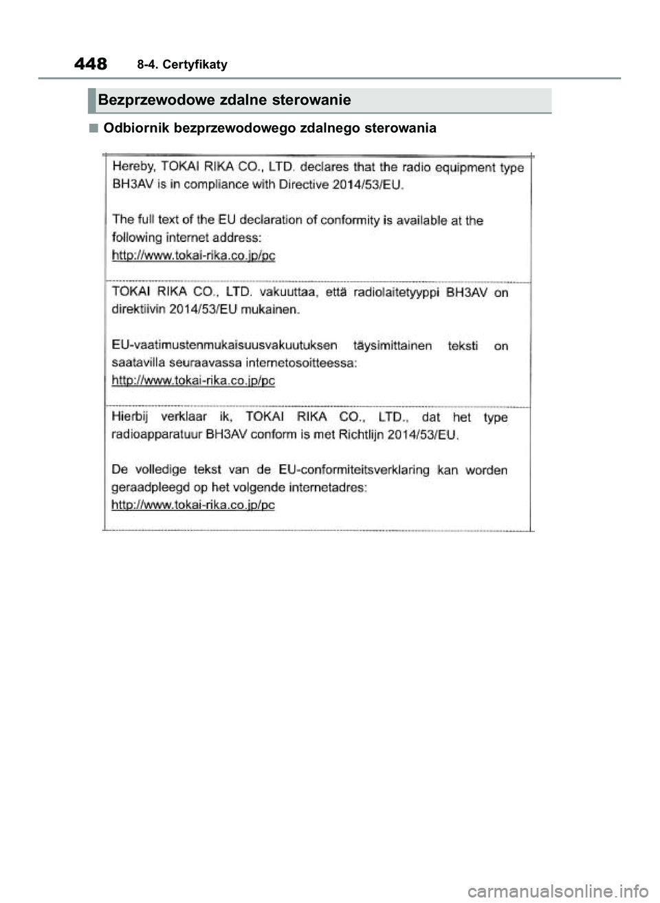 TOYOTA YARIS 2022 Instrukcja obsługi (in Polish) Odbiornik bezprzewodowego zdalnego sterowania
4488-4. Certyfikaty
Bezprzewodowe zdalne sterowanie
42 Yaris OM52N25E 9/14/21 10:55 AM Page 448 TOYOTA YARIS 2022 Instrukcja obsługi (in Polish) Odbiornik bezprzewodowego zdalnego sterowania
4488-4. Certyfikaty
Bezprzewodowe zdalne sterowanie
42 Yaris OM52N25E 9/14/21 10:55 AM Page 448