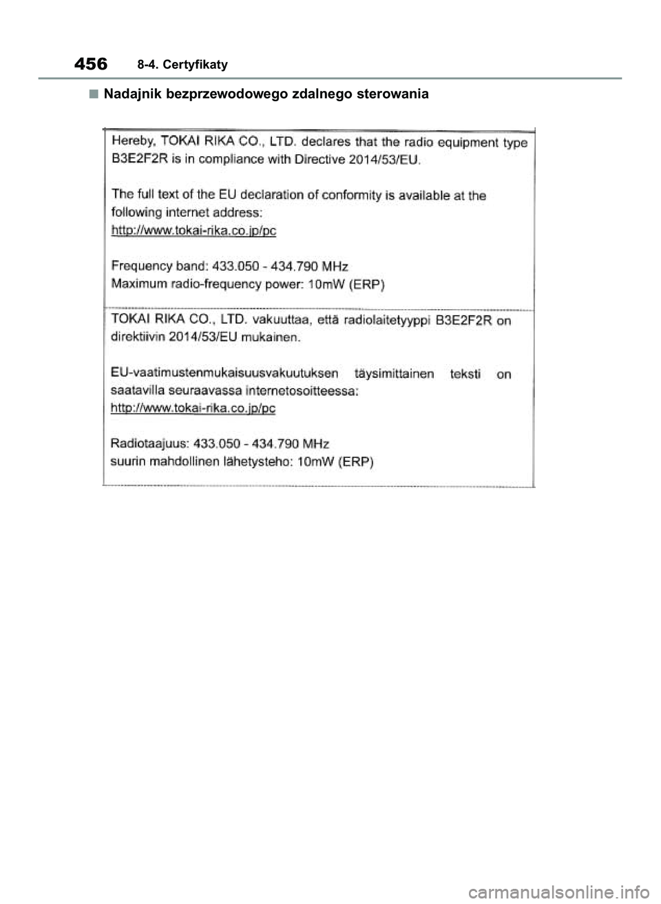 TOYOTA YARIS 2022 Instrukcja obsługi (in Polish) Nadajnik bezprzewodowego zdalnego sterowania
4568-4. Certyfikaty
42 Yaris OM52N25E 9/14/21 10:55 AM Page 456 TOYOTA YARIS 2022 Instrukcja obsługi (in Polish) Nadajnik bezprzewodowego zdalnego sterowania
4568-4. Certyfikaty
42 Yaris OM52N25E 9/14/21 10:55 AM Page 456