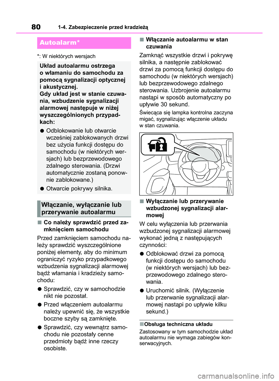 TOYOTA YARIS 2022  Instrukcja obsługi (in Polish) *: W niektórych wersjach
Co nale˝y sprawdziç przed za-
mkni´ciem samochodu
Przed zamkni´ciem samochodu na-
le˝y sprawdziç wyszczególnione
poni˝ej elementy, aby do minimum
ograniczyç ryzyko p