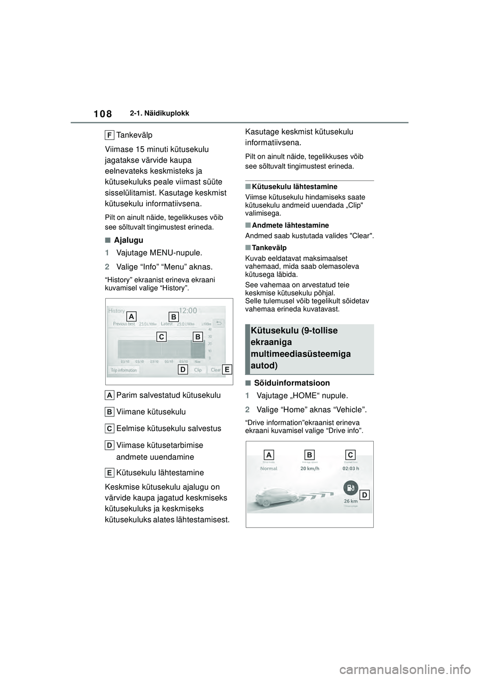TOYOTA YARIS 2022 Kasutusjuhend (in Estonian) 108
Owners Manual_Europe_M52M05_EE
2-1. Näidikuplokk
Tankevälp
Viimase 15 minuti kütusekulu
jagatakse värvide kaupa
eelnevateks keskmisteks ja
kütusekuluks peale viimast süüte
sisselülitam TOYOTA YARIS 2022 Kasutusjuhend (in Estonian) 108
Owners Manual_Europe_M52M05_EE
2-1. Näidikuplokk
Tankevälp
Viimase 15 minuti kütusekulu
jagatakse värvide kaupa
eelnevateks keskmisteks ja
kütusekuluks peale viimast süüte
sisselülitam
