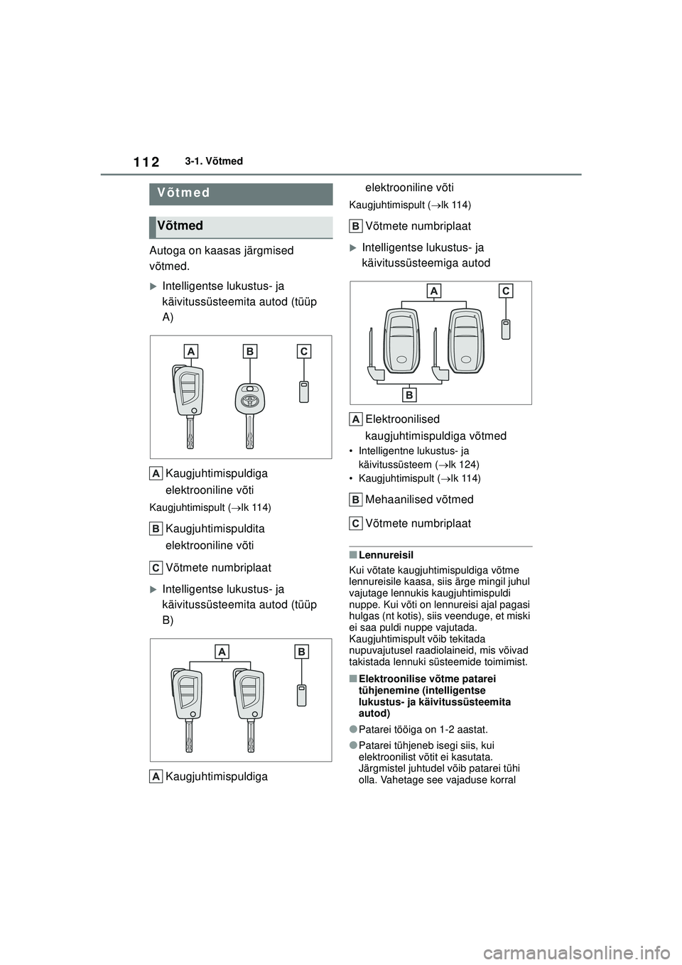 TOYOTA YARIS 2022  Kasutusjuhend (in Estonian) 112
Owners Manual_Europe_M52M05_EE
3-1. Võtmed
3-1.Võtmed
Autoga on kaasas järgmised 
võtmed.
�XIntelligentse lukustus- ja 
käivitussüsteemita autod (tüüp 
A)Kaugjuhtimispuldiga 
elektroonilin