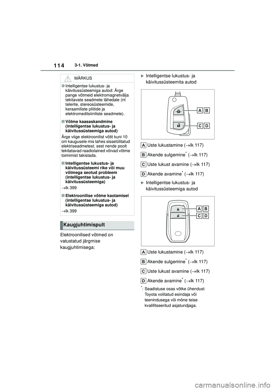 TOYOTA YARIS 2022  Kasutusjuhend (in Estonian) 114
Owners Manual_Europe_M52M05_EE
3-1. Võtmed
Elektroonilised võtmed on 
vatustatud järgmise 
kaugjuhtimisega:
�XIntelligentse lukustus- ja 
käivitussüsteemita autodUste lukustamine ( lk 117)