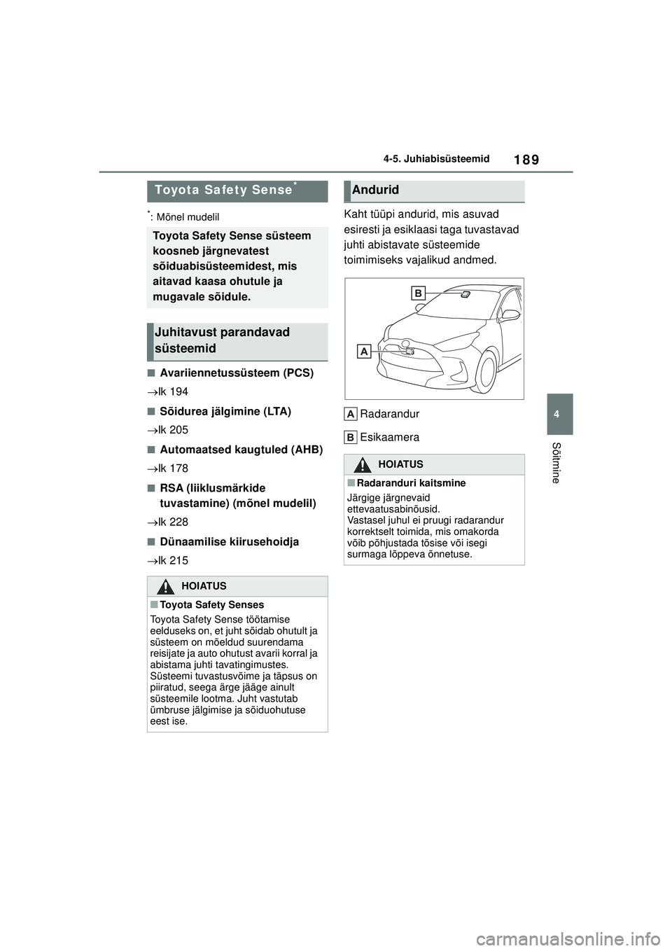 TOYOTA YARIS 2022  Kasutusjuhend (in Estonian) 189
4
Owners Manual_Europe_M52M05_EE
4-5. Juhiabisüsteemid
Sõitmine
4-5.Juhiabisüsteemid
*: Mõnel mudelil
■Avariiennetussüsteem (PCS)
 lk 194
■Sõidurea jälgimine (LTA)
 lk 205
■Auto