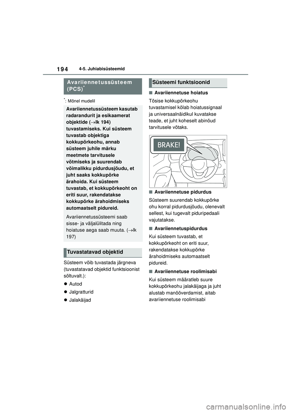 TOYOTA YARIS 2022 Kasutusjuhend (in Estonian) 194
Owners Manual_Europe_M52M05_EE
4-5. Juhiabisüsteemid
*: Mõnel mudelil
Süsteem võib tuvastada järgneva
(tuvastatavad objektid funktsioonist
sõltuvalt.):
Autod
Jalgratturid
Jalak TOYOTA YARIS 2022 Kasutusjuhend (in Estonian) 194
Owners Manual_Europe_M52M05_EE
4-5. Juhiabisüsteemid
*: Mõnel mudelil
Süsteem võib tuvastada järgneva
(tuvastatavad objektid funktsioonist
sõltuvalt.):
Autod
Jalgratturid
Jalak