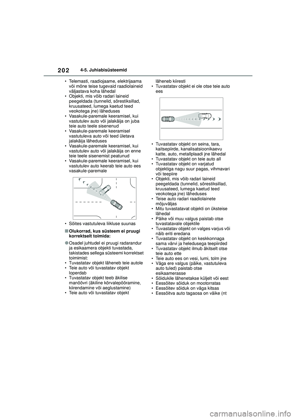 TOYOTA YARIS 2022 Kasutusjuhend (in Estonian) 202
Owners Manual_Europe_M52M05_EE
4-5. Juhiabisüsteemid
• Telemasti, raadiojaame, elektrijaama või mõne teise tugevaid raadiolaineid
väljastava koha lähedal
• Objekti, mis võib radari lai TOYOTA YARIS 2022 Kasutusjuhend (in Estonian) 202
Owners Manual_Europe_M52M05_EE
4-5. Juhiabisüsteemid
• Telemasti, raadiojaame, elektrijaama või mõne teise tugevaid raadiolaineid
väljastava koha lähedal
• Objekti, mis võib radari lai