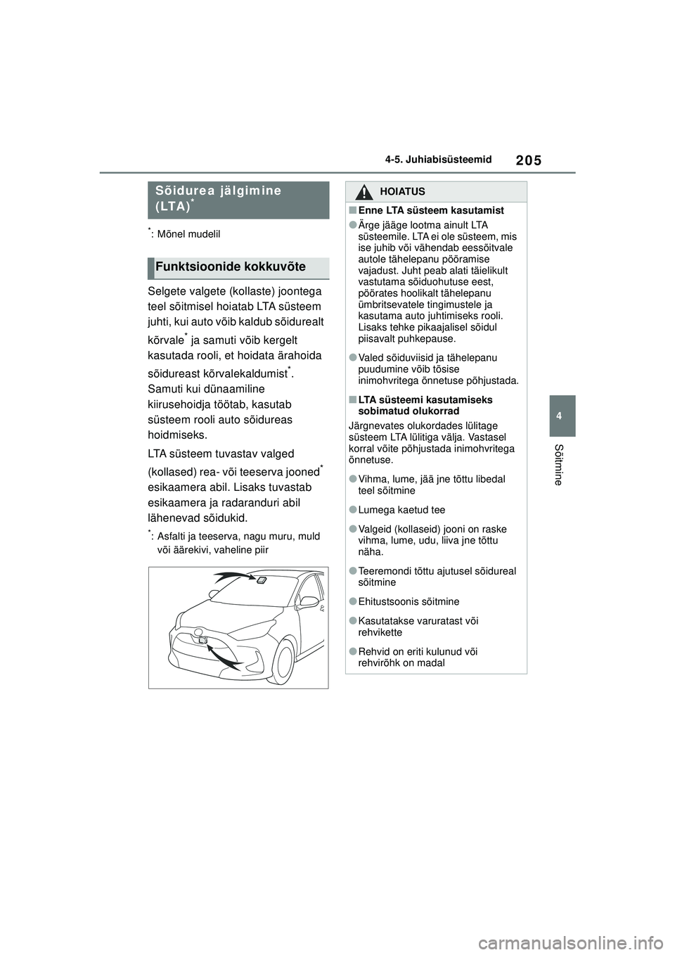 TOYOTA YARIS 2022 Kasutusjuhend (in Estonian) 205
4
Owners Manual_Europe_M52M05_EE
4-5. Juhiabisüsteemid
Sõitmine
*: Mõnel mudelil
Selgete valgete (kollaste) joontega
teel sõitmisel hoiatab LTA süsteem
juhti, kui auto võib kaldub sõidure TOYOTA YARIS 2022 Kasutusjuhend (in Estonian) 205
4
Owners Manual_Europe_M52M05_EE
4-5. Juhiabisüsteemid
Sõitmine
*: Mõnel mudelil
Selgete valgete (kollaste) joontega
teel sõitmisel hoiatab LTA süsteem
juhti, kui auto võib kaldub sõidure