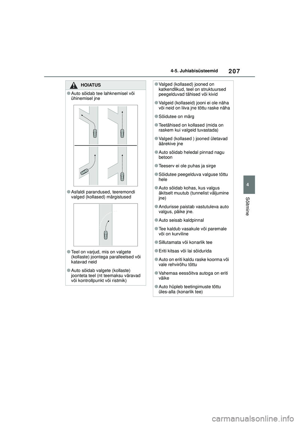 TOYOTA YARIS 2022 Kasutusjuhend (in Estonian) 207
4
Owners Manual_Europe_M52M05_EE
4-5. Juhiabisüsteemid
Sõitmine
HOIATUS
●Auto sõidab tee lahknemisel või
ühinemisel jne
●Asfaldi parandused, teeremondi
valged (kollased) märgistused
TOYOTA YARIS 2022 Kasutusjuhend (in Estonian) 207
4
Owners Manual_Europe_M52M05_EE
4-5. Juhiabisüsteemid
Sõitmine
HOIATUS
●Auto sõidab tee lahknemisel või
ühinemisel jne
●Asfaldi parandused, teeremondi
valged (kollased) märgistused