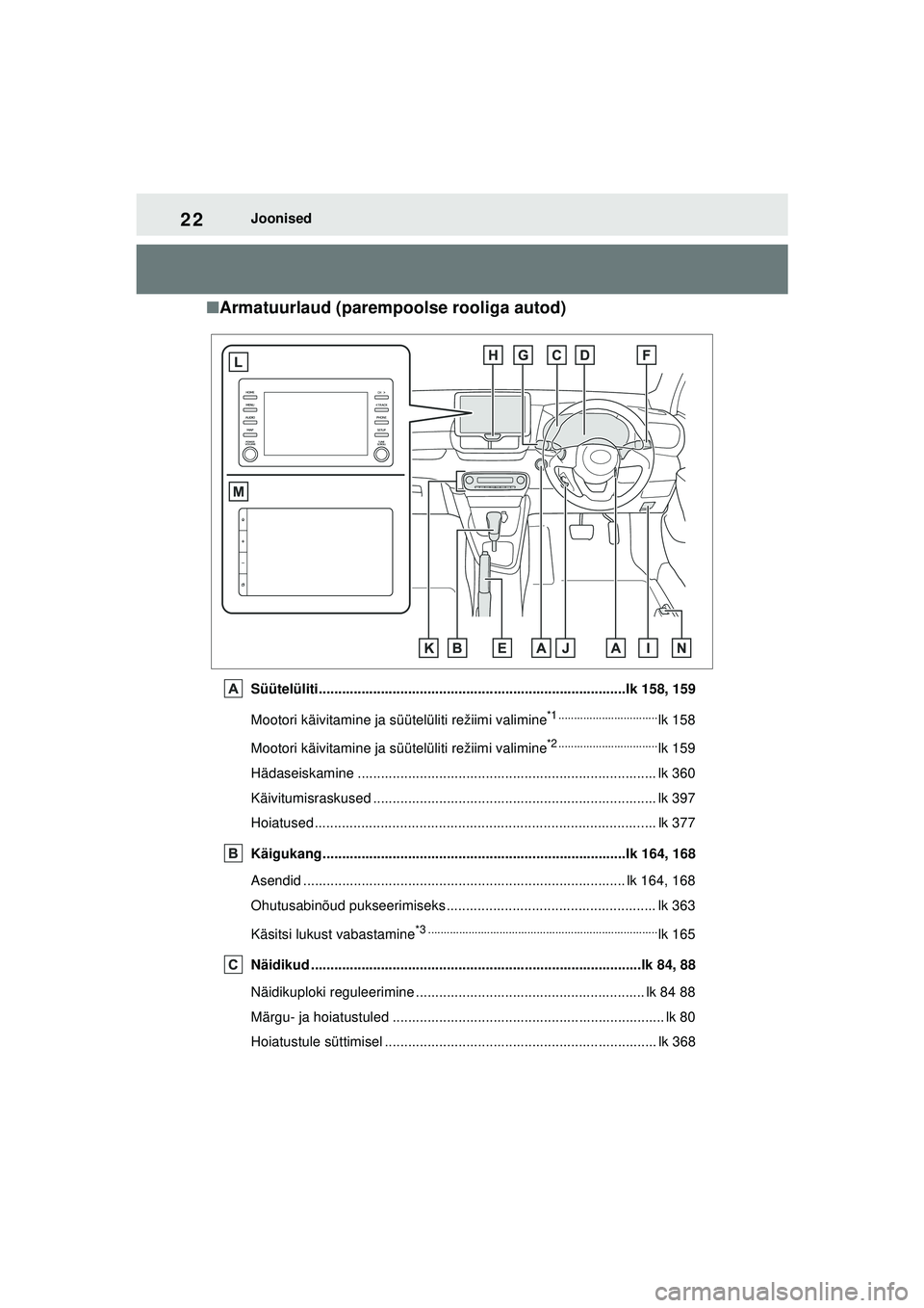 TOYOTA YARIS 2022  Kasutusjuhend (in Estonian) 22
Owners Manual_Europe_M52M05_EE
Joonised
■Armatuurlaud (parempoolse rooliga autod)
Süütelüliti ...............................................................................lk 158, 159
Mootori