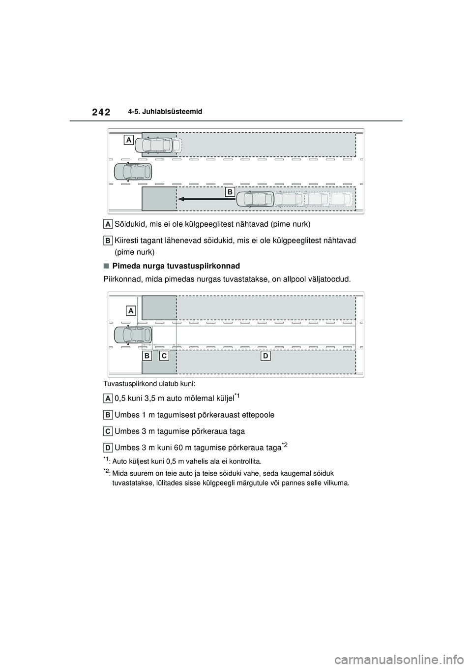 TOYOTA YARIS 2022 Kasutusjuhend (in Estonian) 242
Owners Manual_Europe_M52M05_EE
4-5. Juhiabisüsteemid
Sõidukid, mis ei ole külgpeeglitest nähtavad (pime nurk)
Kiiresti tagant lähenevad sõidukid, mis ei ole külgpeeglitest nähtavad
(pime TOYOTA YARIS 2022 Kasutusjuhend (in Estonian) 242
Owners Manual_Europe_M52M05_EE
4-5. Juhiabisüsteemid
Sõidukid, mis ei ole külgpeeglitest nähtavad (pime nurk)
Kiiresti tagant lähenevad sõidukid, mis ei ole külgpeeglitest nähtavad
(pime