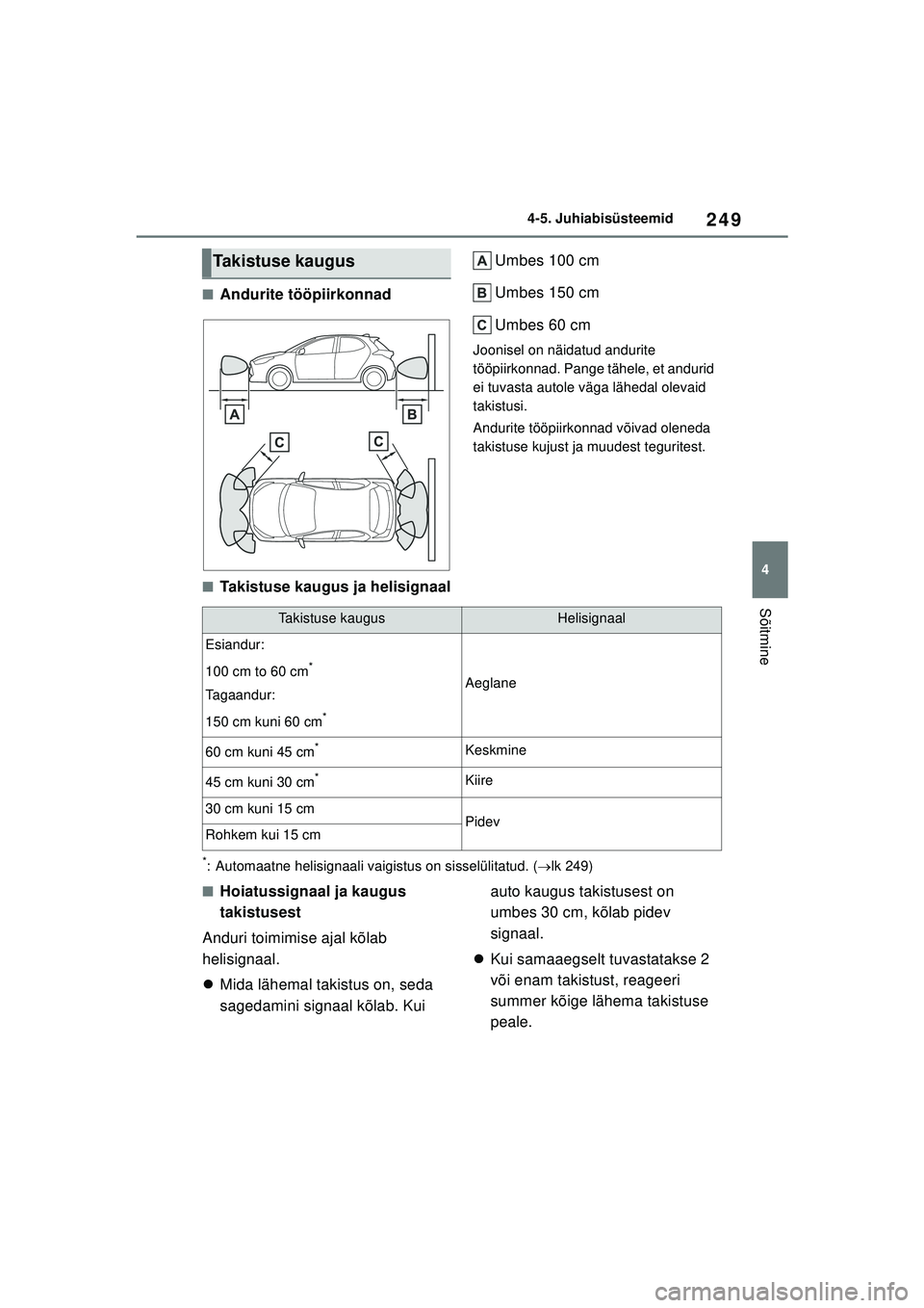 TOYOTA YARIS 2022 Kasutusjuhend (in Estonian) 249
4
Owners Manual_Europe_M52M05_EE
4-5. Juhiabisüsteemid
Sõitmine
■Andurite tööpiirkonnadUmbes 100 cm
Umbes 150 cm
Umbes 60 cm
Joonisel on näidatud andurite
tööpiirkonnad. Pange tähele, e TOYOTA YARIS 2022 Kasutusjuhend (in Estonian) 249
4
Owners Manual_Europe_M52M05_EE
4-5. Juhiabisüsteemid
Sõitmine
■Andurite tööpiirkonnadUmbes 100 cm
Umbes 150 cm
Umbes 60 cm
Joonisel on näidatud andurite
tööpiirkonnad. Pange tähele, e