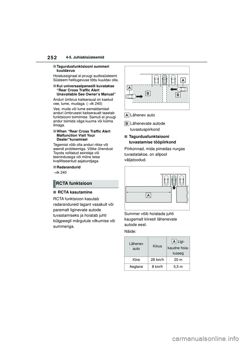 TOYOTA YARIS 2022 Kasutusjuhend (in Estonian) 252
Owners Manual_Europe_M52M05_EE
4-5. Juhiabisüsteemid
■Tagurdusfunktsiooni summeri
kuuldavus
Hoiatussignaal ei pruugi audiosüsteemi
Süsteem helitugevuse tõttu kuuldav olla.
■Kui universaa TOYOTA YARIS 2022 Kasutusjuhend (in Estonian) 252
Owners Manual_Europe_M52M05_EE
4-5. Juhiabisüsteemid
■Tagurdusfunktsiooni summeri
kuuldavus
Hoiatussignaal ei pruugi audiosüsteemi
Süsteem helitugevuse tõttu kuuldav olla.
■Kui universaa