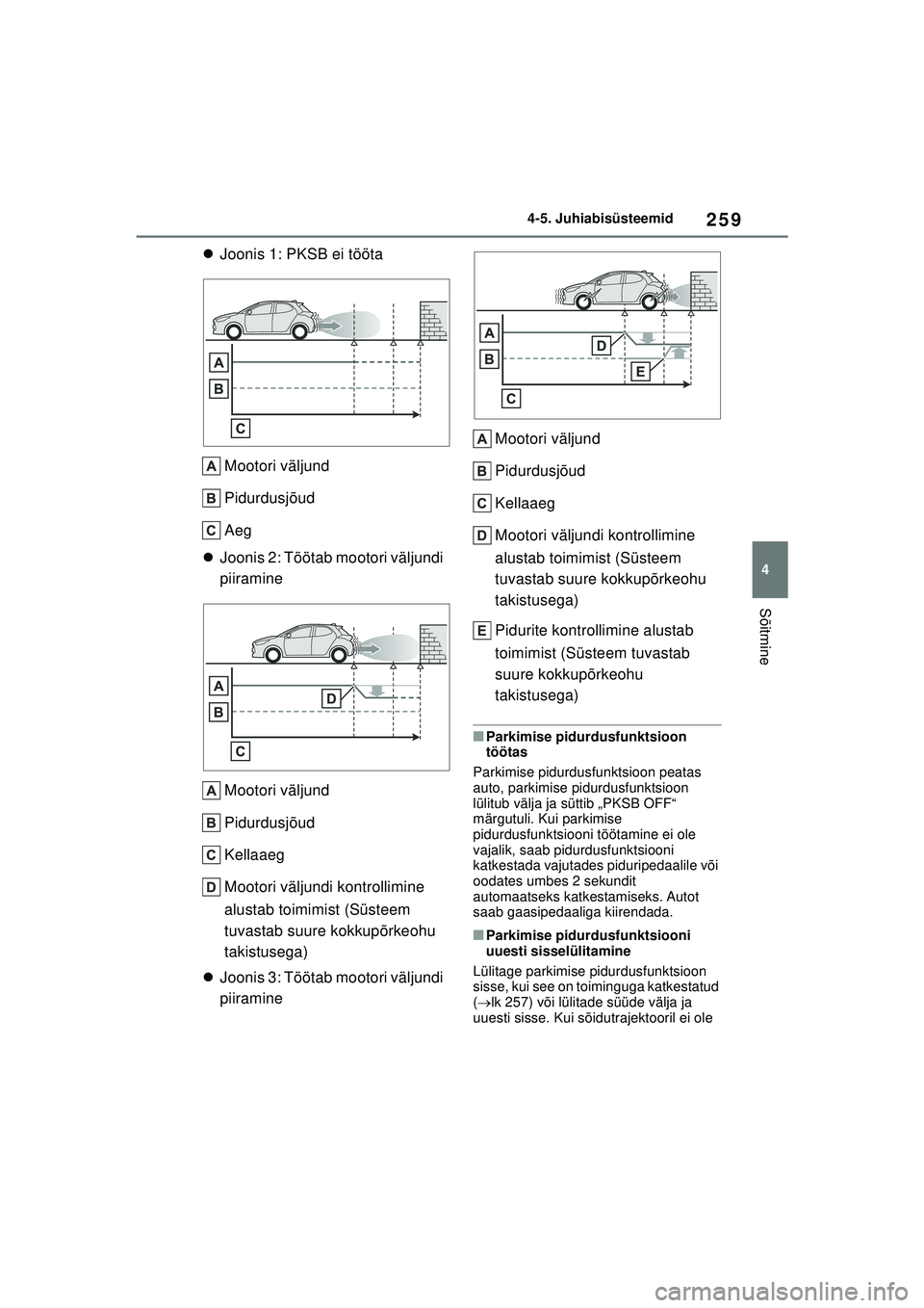 TOYOTA YARIS 2022 Kasutusjuhend (in Estonian) 259
4
Owners Manual_Europe_M52M05_EE
4-5. Juhiabisüsteemid
Sõitmine
Joonis 1: PKSB ei tööta
Mootori väljund
Pidurdusjõud
Aeg
Joonis 2: Töötab mootori väljundi
piiramine
Mootori välju TOYOTA YARIS 2022 Kasutusjuhend (in Estonian) 259
4
Owners Manual_Europe_M52M05_EE
4-5. Juhiabisüsteemid
Sõitmine
Joonis 1: PKSB ei tööta
Mootori väljund
Pidurdusjõud
Aeg
Joonis 2: Töötab mootori väljundi
piiramine
Mootori välju