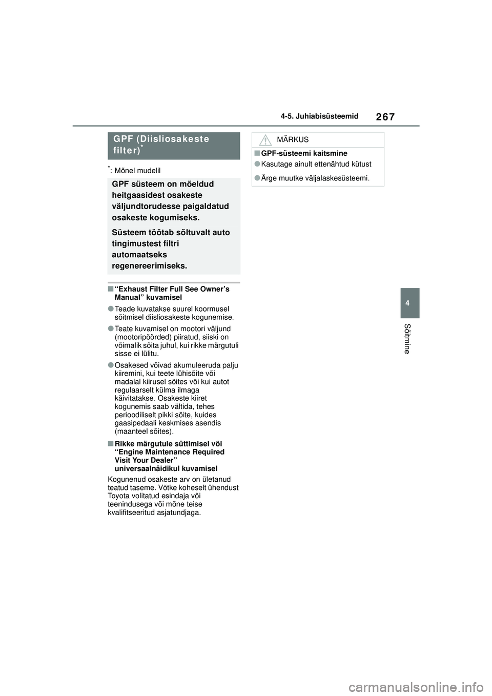 TOYOTA YARIS 2022 Kasutusjuhend (in Estonian) 267
4
Owners Manual_Europe_M52M05_EE
4-5. Juhiabisüsteemid
Sõitmine
*: Mõnel mudelil
■“Exhaust Filter Full See Owner’s
Manual” kuvamisel
●Teade kuvatakse suurel koormusel
sõitmisel dii TOYOTA YARIS 2022 Kasutusjuhend (in Estonian) 267
4
Owners Manual_Europe_M52M05_EE
4-5. Juhiabisüsteemid
Sõitmine
*: Mõnel mudelil
■“Exhaust Filter Full See Owner’s
Manual” kuvamisel
●Teade kuvatakse suurel koormusel
sõitmisel dii