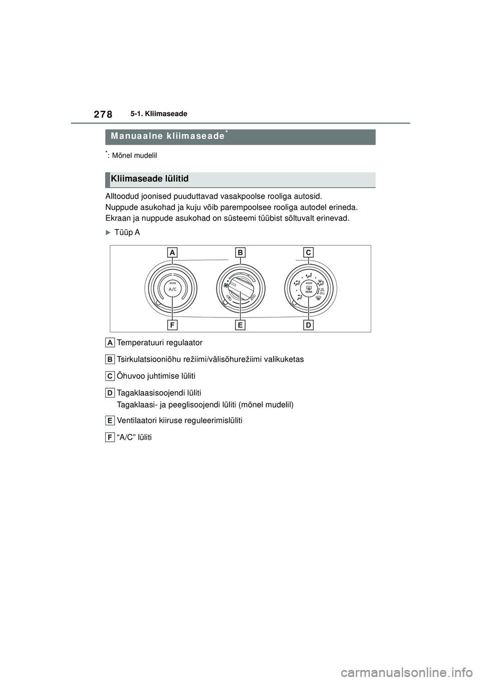 TOYOTA YARIS 2022  Kasutusjuhend (in Estonian) 278
Owners Manual_Europe_M52M05_EE
5-1. Kliimaseade
5-1.Kliimaseade
*: Mõnel mudelil
Alltoodud joonised puuduttavad vasakpoolse rooliga autosid.
Nuppude asukohad ja kuju võib parempoolsee rooliga au
