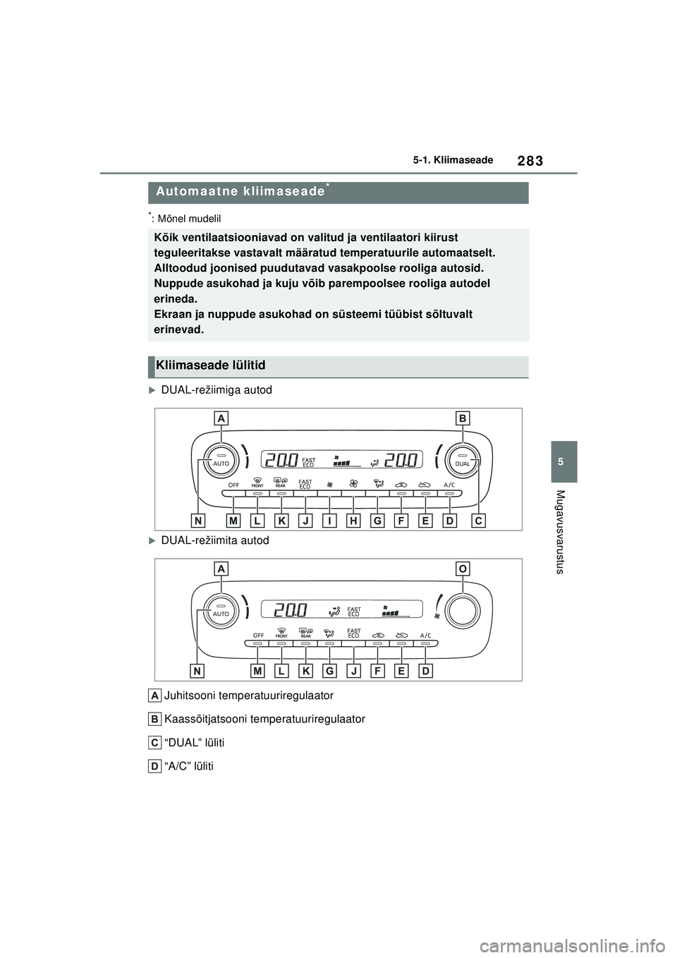 TOYOTA YARIS 2022  Kasutusjuhend (in Estonian) 283
5
Owners Manual_Europe_M52M05_EE
5-1. Kliimaseade
Mugavusvarustus
*: Mõnel mudelil
�XDUAL-režiimiga autod
�XDUAL-režiimita autodJuhitsooni temperatuuriregulaator
Kaassõitjatsooni temperatuurir