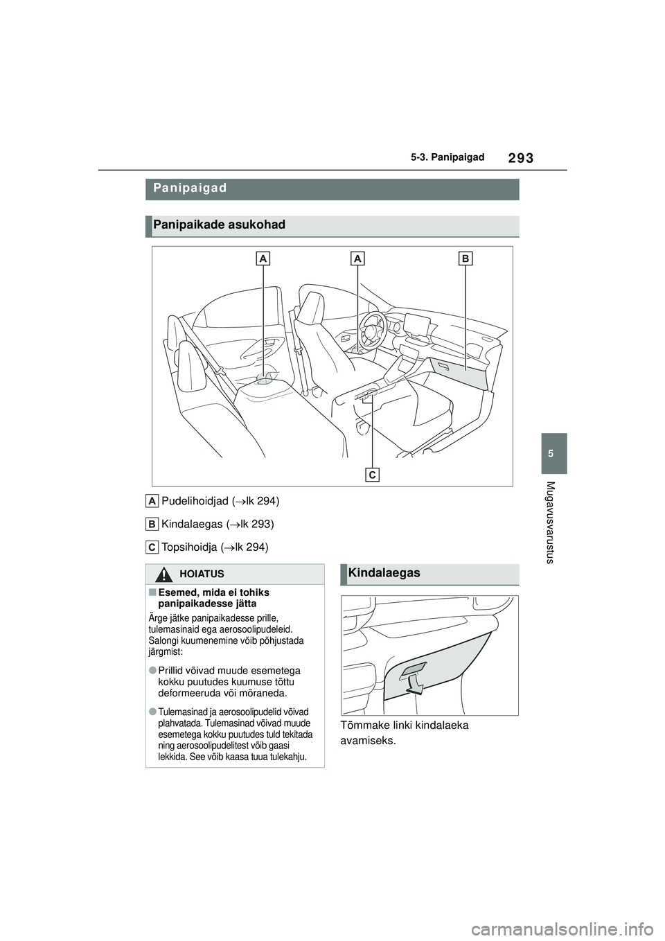 TOYOTA YARIS 2022  Kasutusjuhend (in Estonian) 293
5
Owners Manual_Europe_M52M05_EE
5-3. Panipaigad
Mugavusvarustus
5-3.Pan ipaigad
Pudelihoidjad (lk 294)
Kindalaegas ( lk 293)
Topsihoidja ( lk 294)
Tõmmake linki kindalaeka 
avamiseks.
P