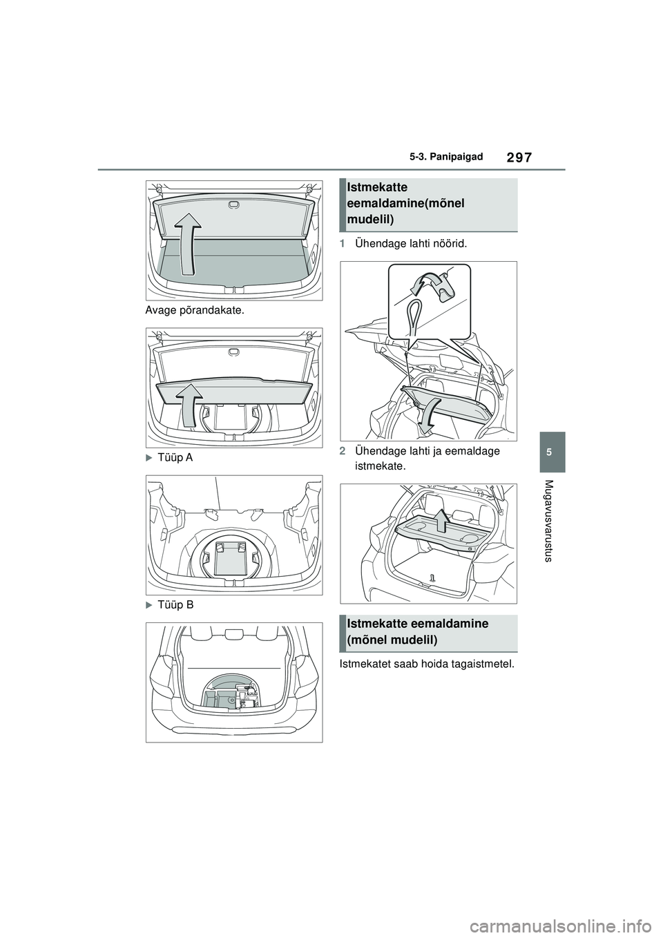 TOYOTA YARIS 2022  Kasutusjuhend (in Estonian) 297
5
Owners Manual_Europe_M52M05_EE
5-3. Panipaigad
Mugavusvarustus
Avage põrandakate.
�XTüüp A
�XTüüp B1
Ühendage lahti nöörid.
2 Ühendage lahti ja eemaldage 
istmekate.
Istmekatet saab hoi