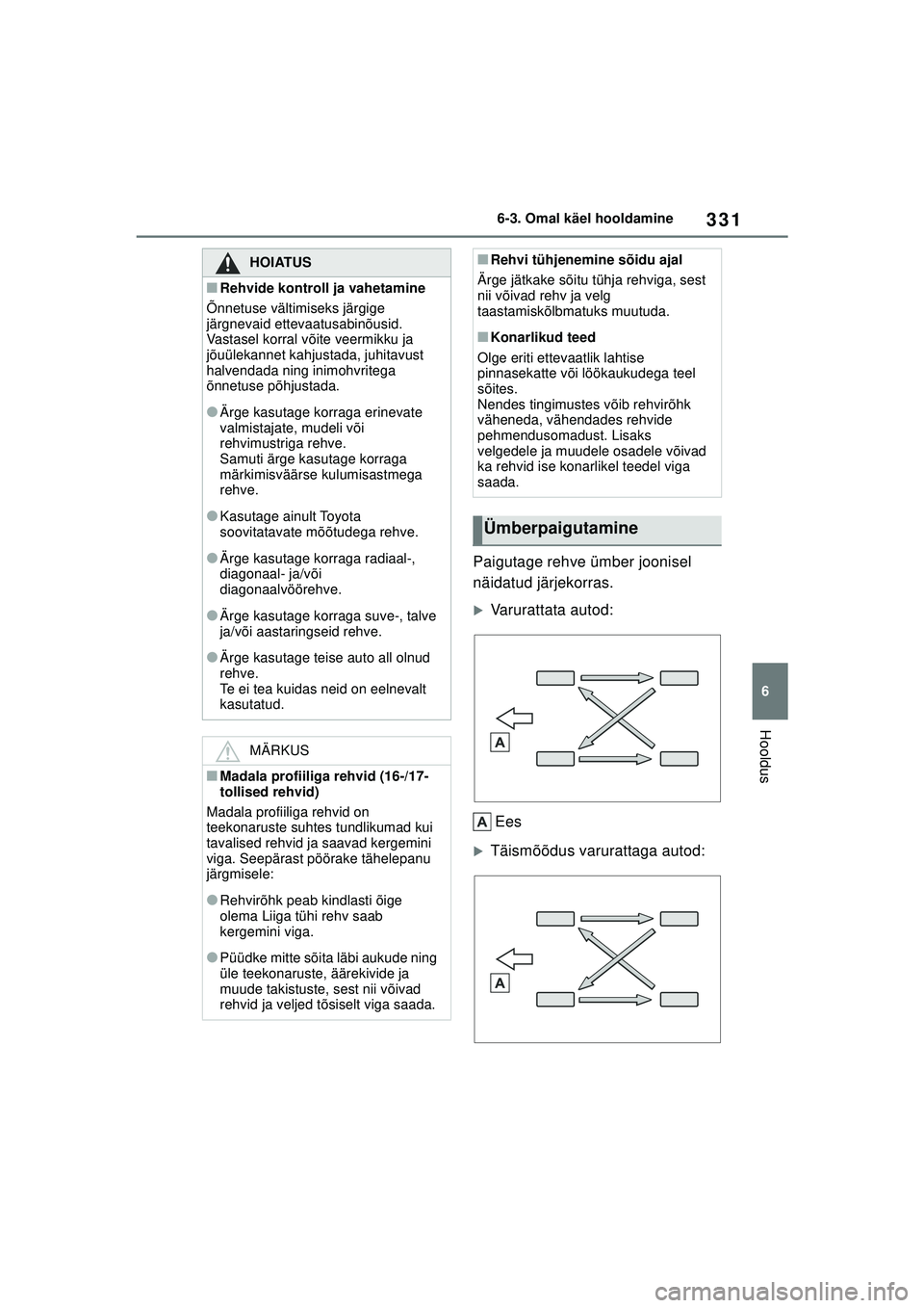 TOYOTA YARIS 2022  Kasutusjuhend (in Estonian) 331
6
Owners Manual_Europe_M52M05_EE
6-3. Omal käel hooldamine
Hooldus
Paigutage rehve ümber joonisel 
näidatud järjekorras.
�XVarurattata autod:Ees
�XTäismõõdus varurattaga autod:
HOIATUS
■R