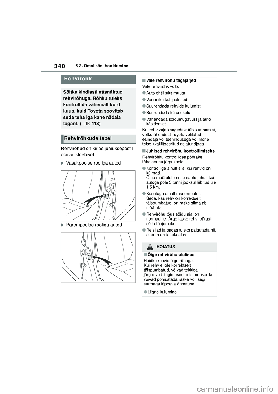TOYOTA YARIS 2022  Kasutusjuhend (in Estonian) 340
Owners Manual_Europe_M52M05_EE
6-3. Omal käel hooldamine
Rehvirõhud on kirjas juhiuksepostil 
asuval kleebisel.
�XVasakpoolse rooliga autod
�XParempoolse rooliga autod
■Vale rehvirõhu tagajä
