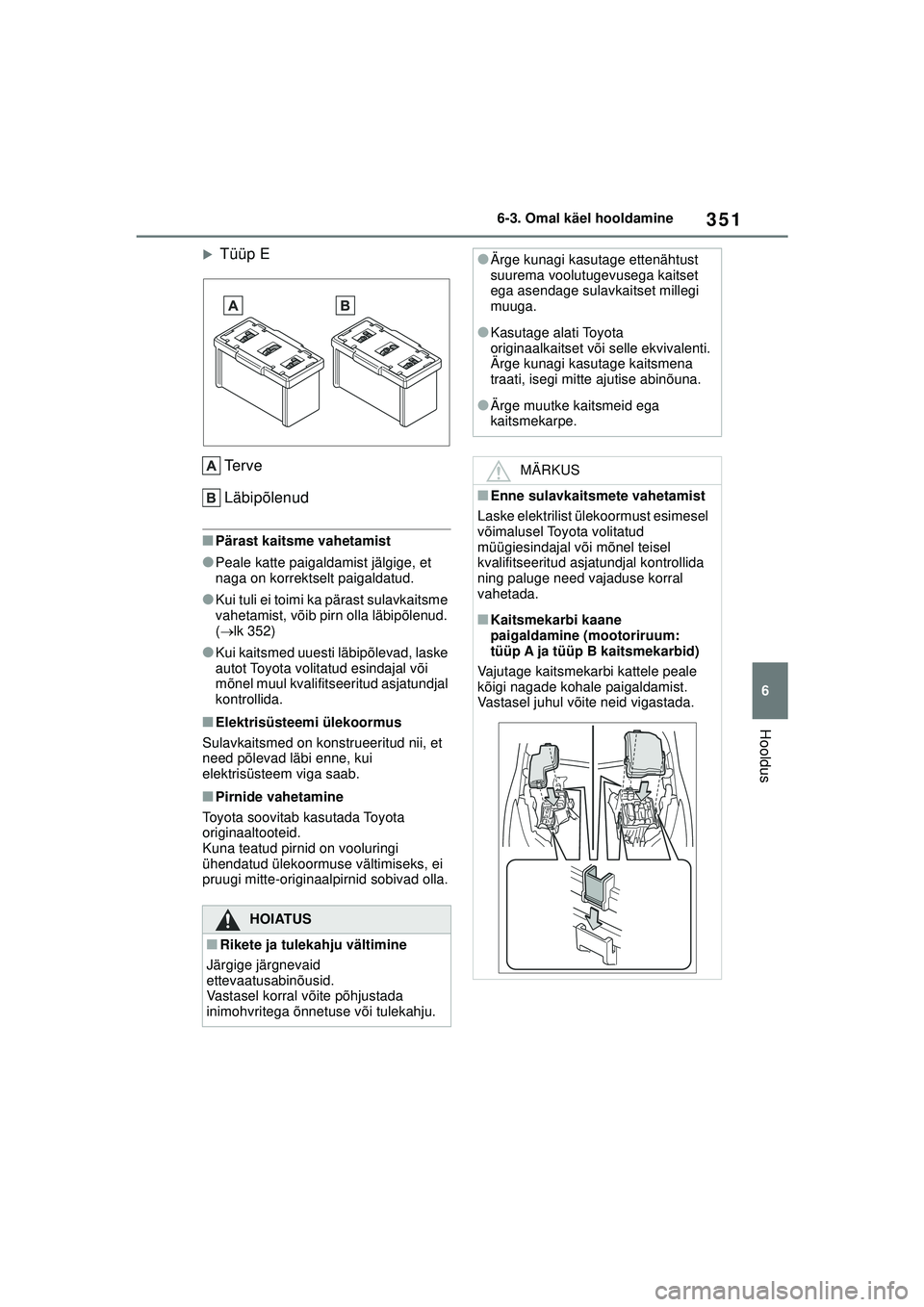 TOYOTA YARIS 2022  Kasutusjuhend (in Estonian) 351
6
Owners Manual_Europe_M52M05_EE
6-3. Omal käel hooldamine
Hooldus
�XTüüp ETe r v e
Läbipõlenud
■Pärast kaitsme vahetamist
●Peale katte paigaldamist jälgige, et 
naga on korrektselt pai