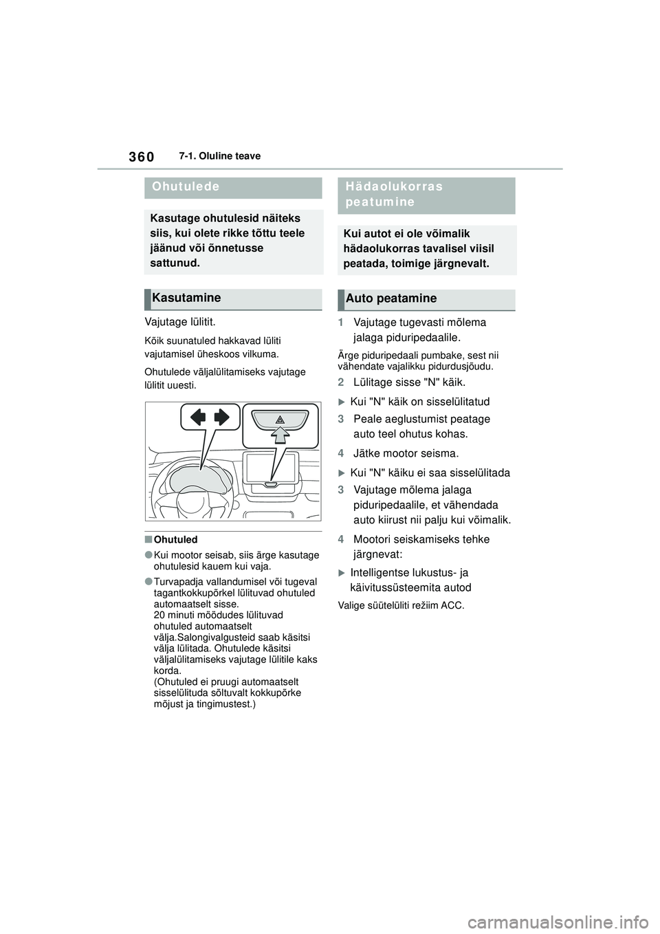 TOYOTA YARIS 2022  Kasutusjuhend (in Estonian) 360
Owners Manual_Europe_M52M05_EE
7-1. Oluline teave
7-1.Oluline teave
Vajutage lülitit.
Kõik suunatuled hakkavad lüliti 
vajutamisel üheskoos vilkuma.
Ohutulede väljalülitamiseks vajutage 
lü