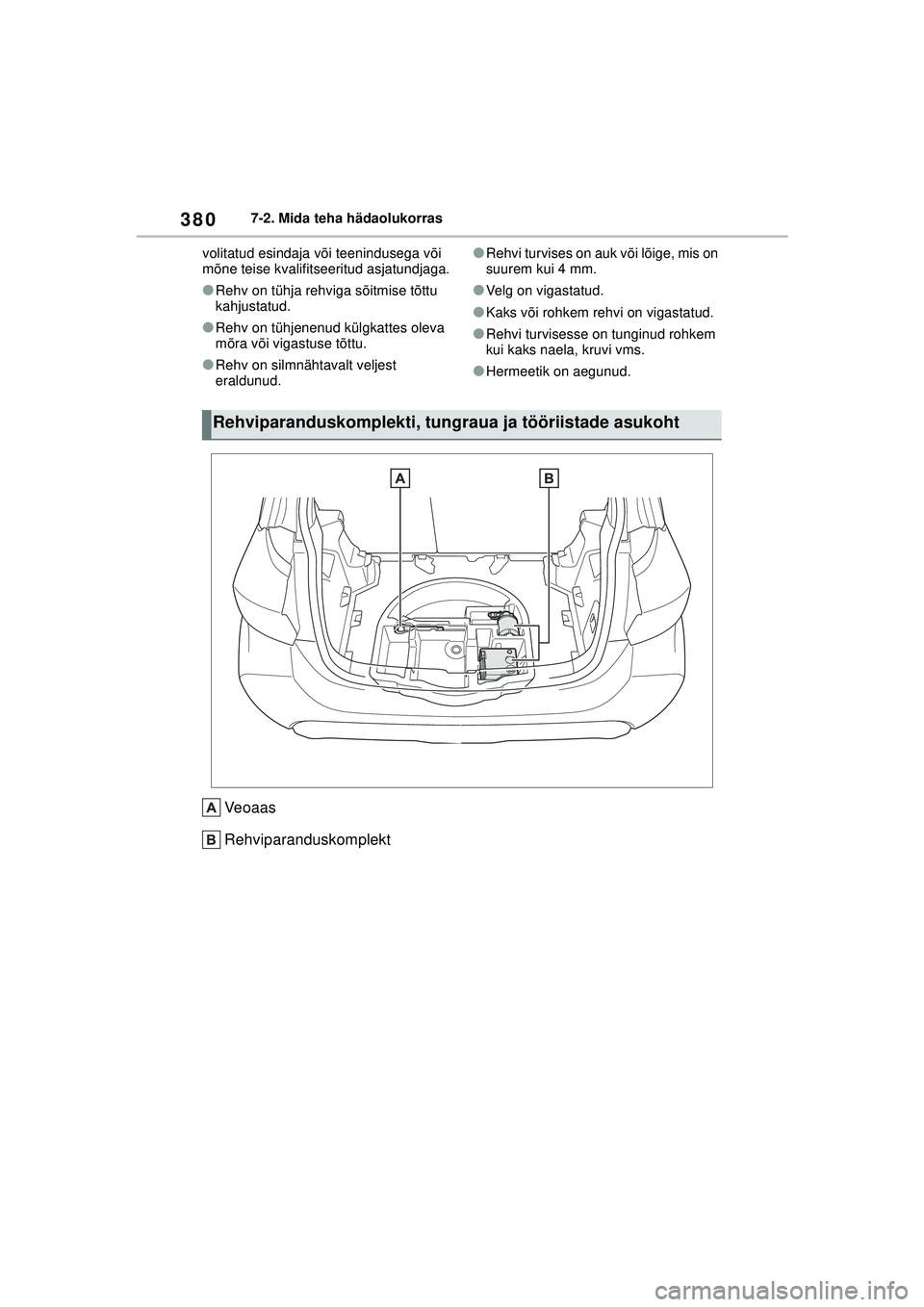 TOYOTA YARIS 2022  Kasutusjuhend (in Estonian) 380
Owners Manual_Europe_M52M05_EE
7-2. Mida teha hädaolukorras
volitatud esindaja või teenindusega või 
mõne teise kvalifitseeritud asjatundjaga.
●Rehv on tühja rehviga sõitmise tõttu 
kahju