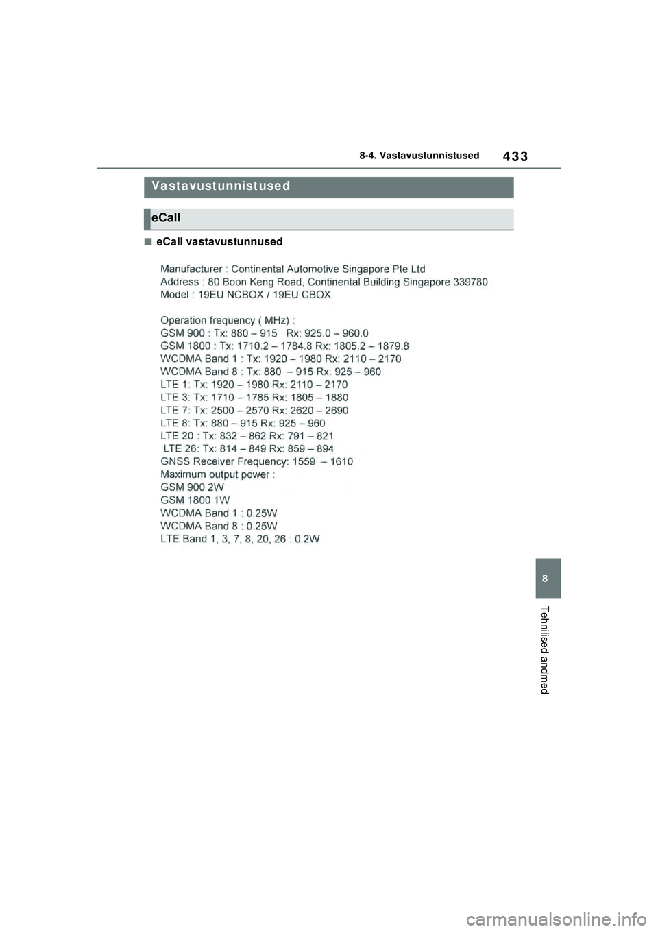TOYOTA YARIS 2022  Kasutusjuhend (in Estonian) 433
8
Owners Manual_Europe_M52M05_EE
8-4. Vastavustunnistused
Tehnilised andmed
8 -4 .Va s ta v ustunni stus e d
■eCall vastavustunnused
Vastavustunnistused
eCall
Yaris_OM_Europe_OM52M05EE.book  Pag