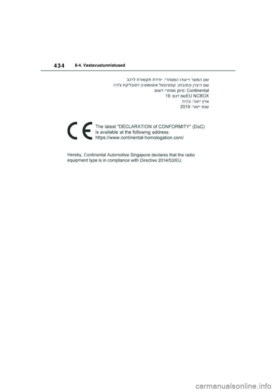 TOYOTA YARIS 2022  Kasutusjuhend (in Estonian) 434
Owners Manual_Europe_M52M05_EE
8-4. Vastavustunnistused
Yaris_OM_Europe_OM52M05EE.book  Page 434  Thursday, March 17, 2022  7:54 PM 