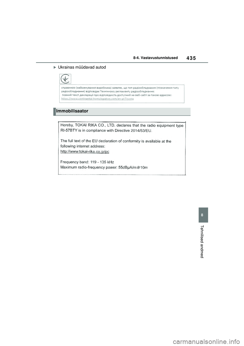 TOYOTA YARIS 2022  Kasutusjuhend (in Estonian) 435
8
Owners Manual_Europe_M52M05_EE
8-4. Vastavustunnistused
Tehnilised andmed
�XUkrainas müüdavad autod
Immobilisaator
Yaris_OM_Europe_OM52M05EE.book  Page 435  Thursday, March 17, 2022  7:54 PM 